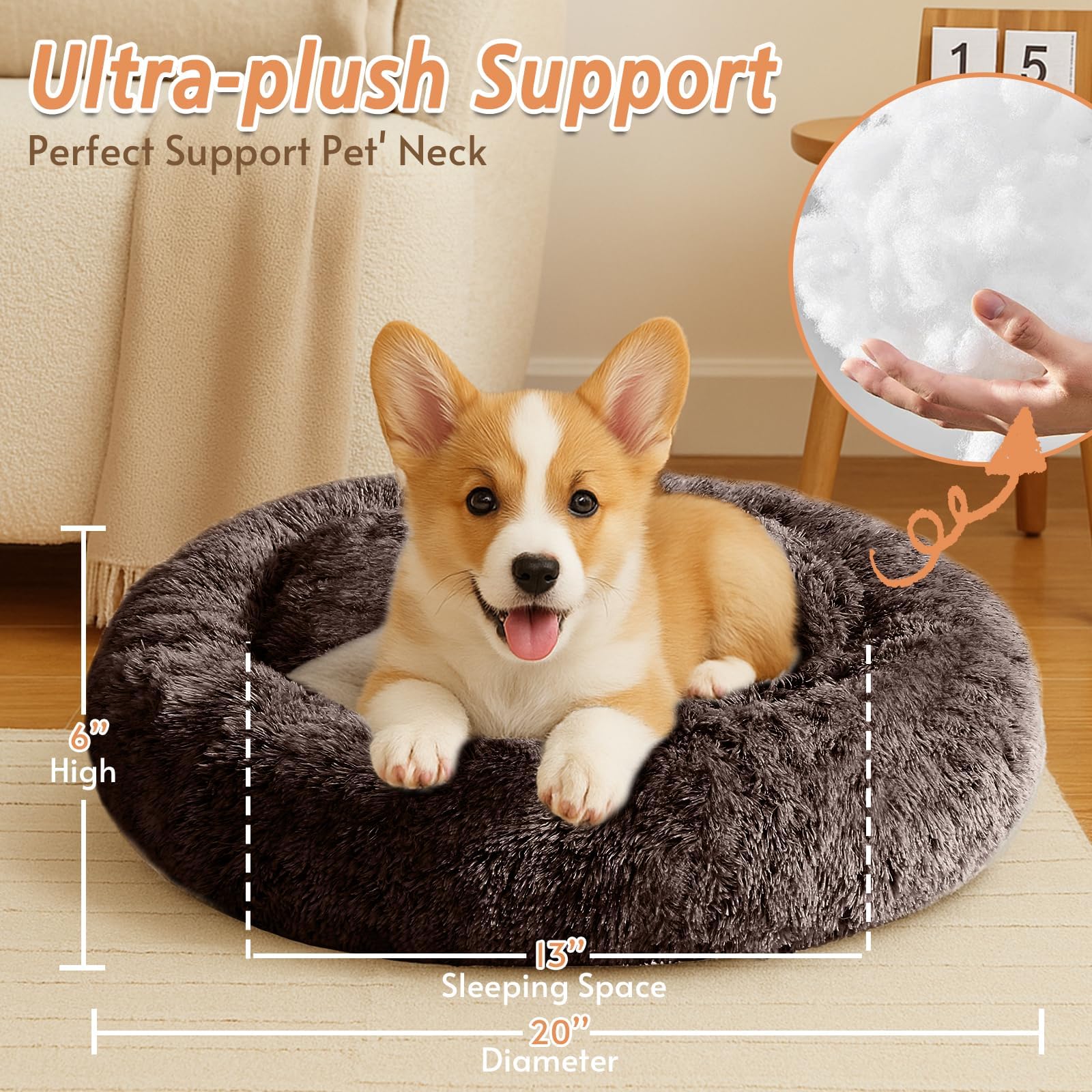 JOLLYVOGUE Calming Small Dog & Cat Bed for Indoor Cats - 20 inches Washable Donut Bed for Kittens & Puppies, Anti-Anxiety Round