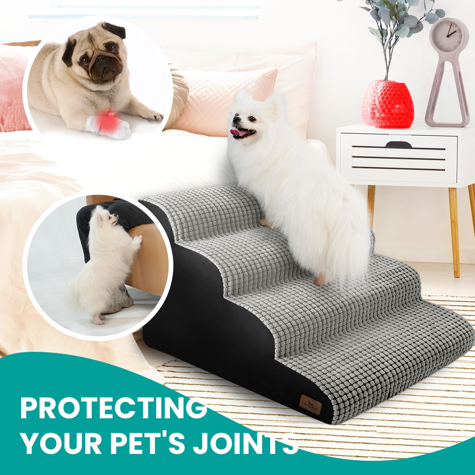 blunique Dog Stairs for Small Dogs, 20.5 '' H 4 Step Curved Dog Ramp for High Bed and Couch, Foam Dog Ramp with Durable Non-Slip