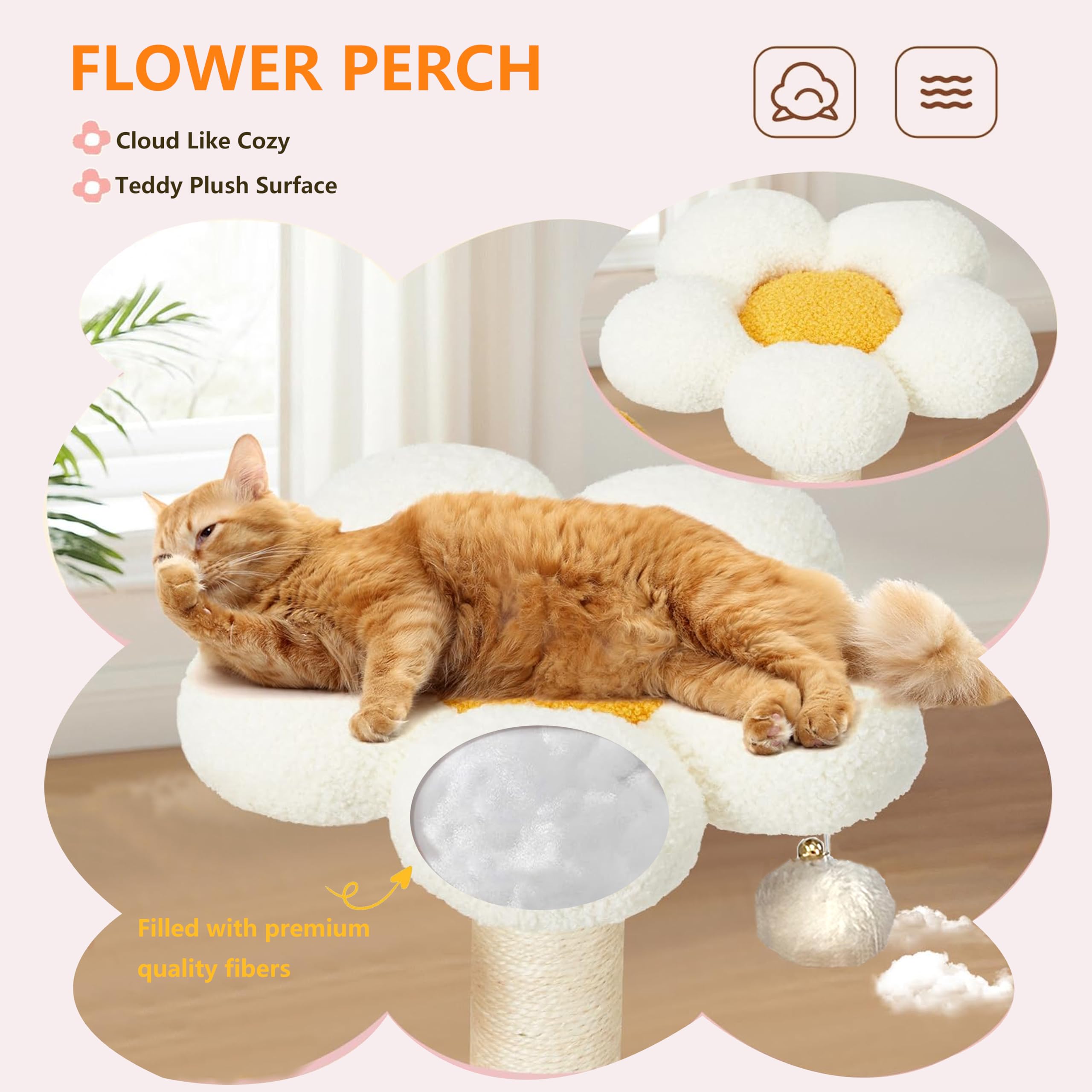 Kwoju Flower Cat Tree 36 Inches For Indoor Cats, Multi-Level Cat Tower With Scratching Posts, Removable Flower Bed Perch, Plush