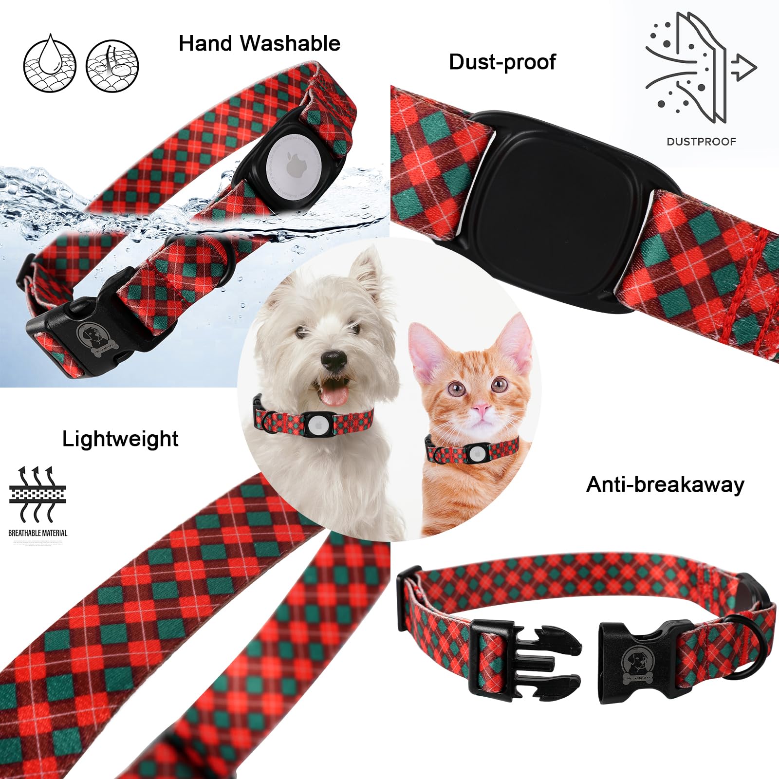 Christmas Dog Collar With Apple Airtag Holder Mr.Chubbyface Red And Green Plaid Dog Collar For Small Medium Large Boy Girl Dogs