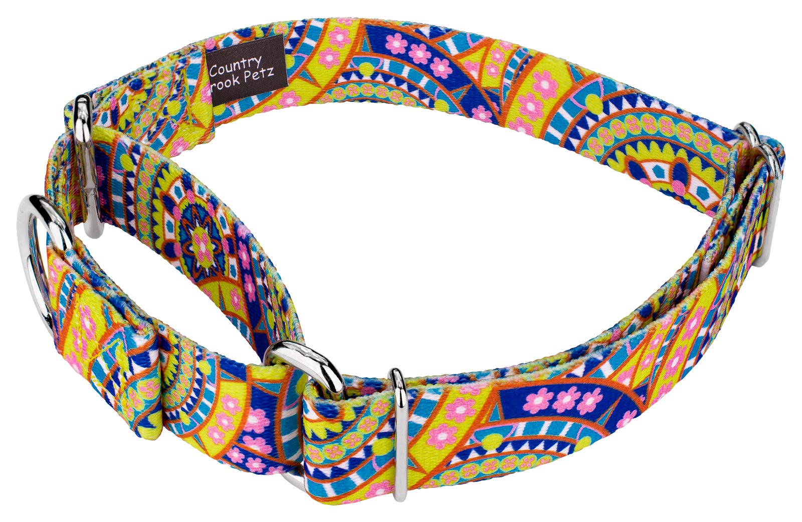 Country Brook Petz - Yellow Boho Mandala Martingale Dog Collar - Groovy Collection Featuring Far Out Designs (1/2 Inch, 2XS)