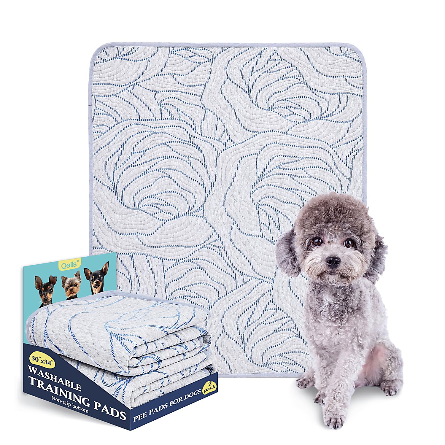Qeils Pee Pads Reusable Washable Puppy Pads- 2 Pack 30''X34'' Heavy Absorbent Protective Pads Leakproof Dog Training Pads, Non-S