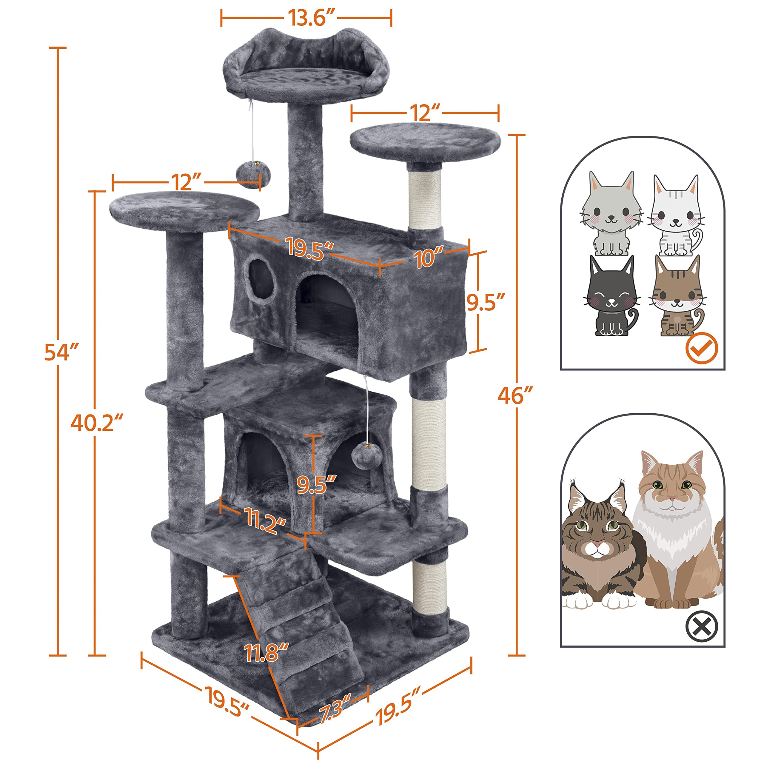Topeakmart 54In Cat Tree, Cat Tower W/Large Cat Condo Scratching Posts And Perch, Cat Stand House Furniture, Dark Gray