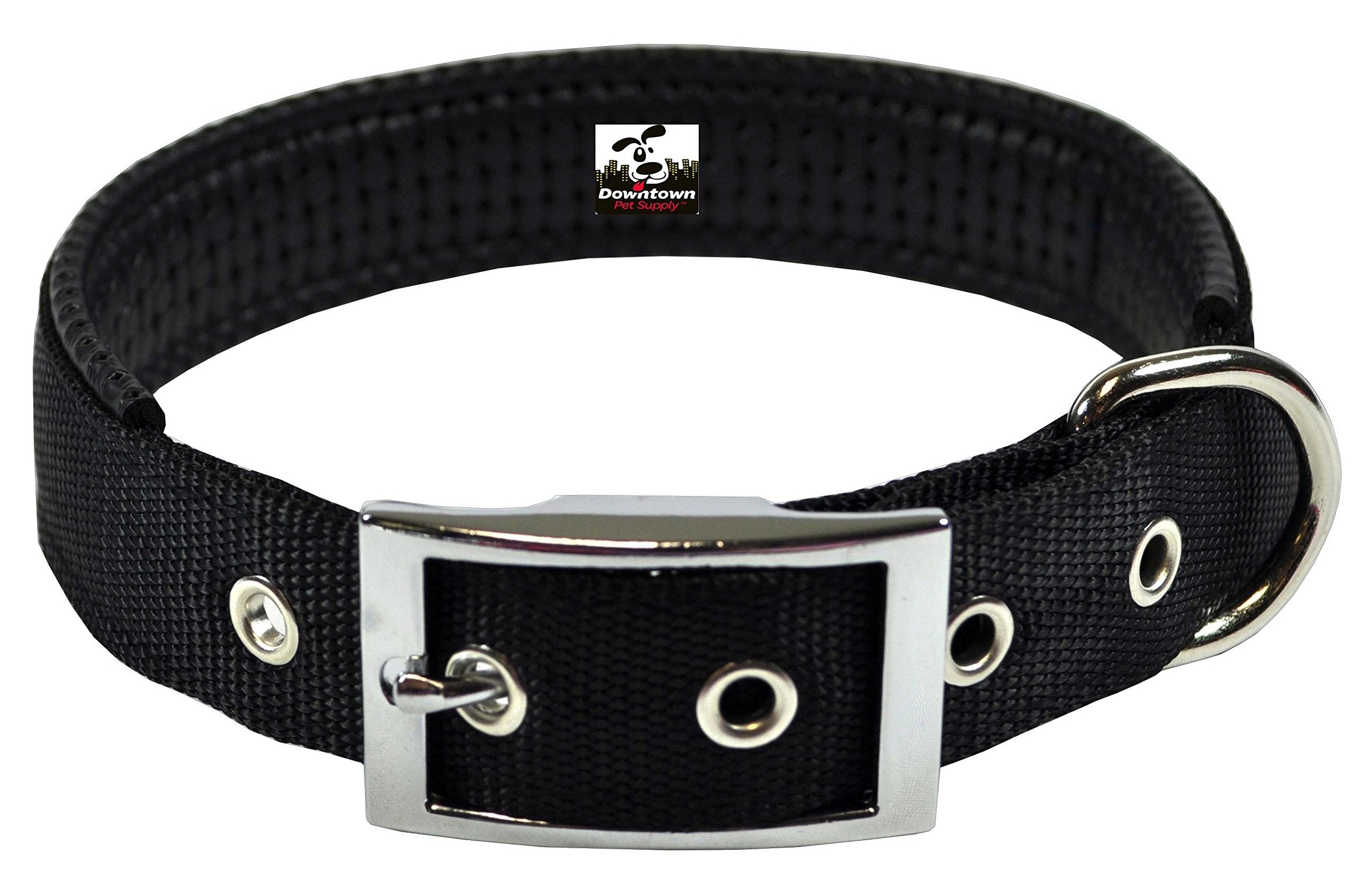 Downtown Pet Supply Deluxe Padded Adjustable Dog Collar - Metal Buckle & D-Ring - Machine Washable & Water Resistant - Black - M - Medium