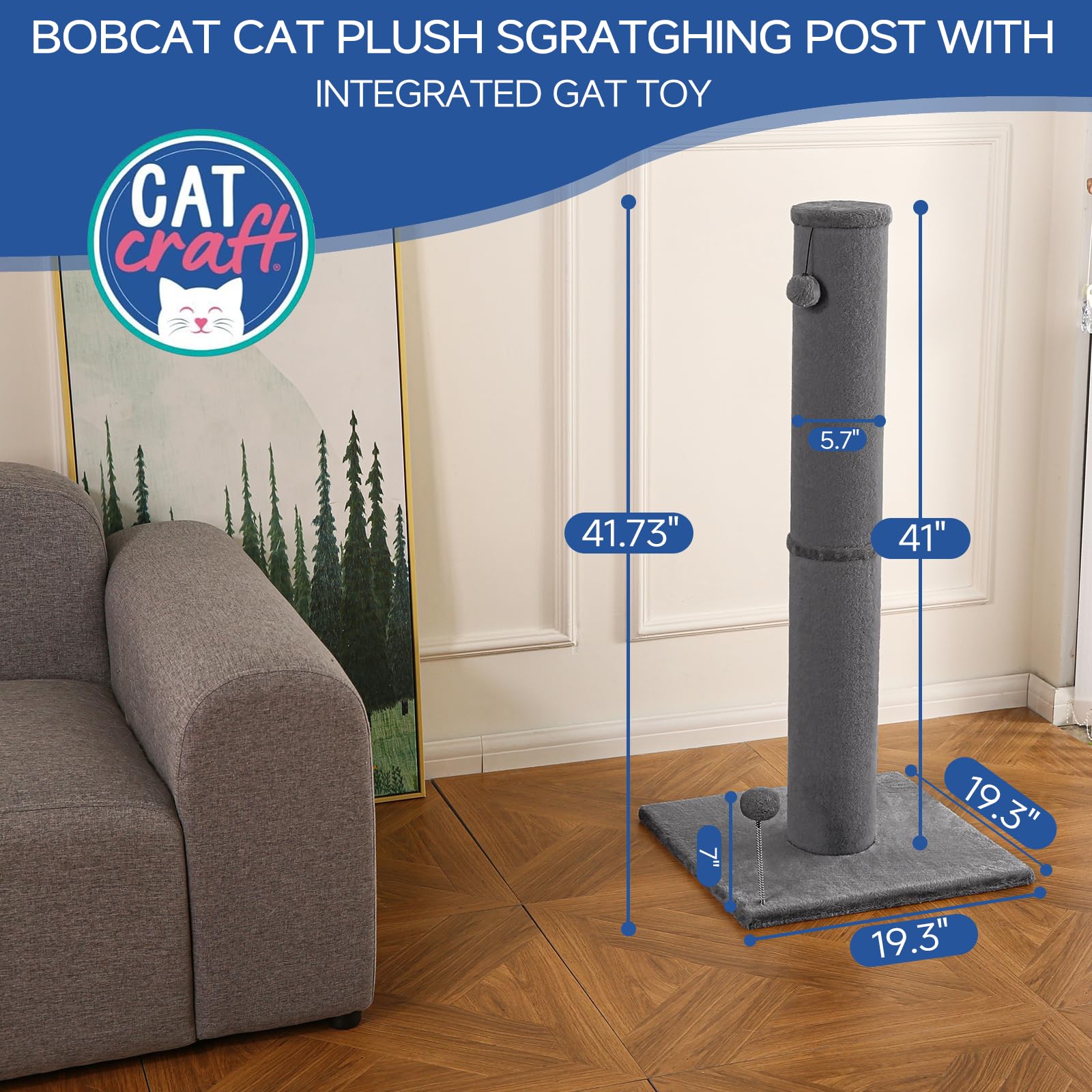 Cat Craft Bobcat Cat Scratching Post For Indoor Cats, Tall Cat Scratch Post, Carpet Cat Scratching Post With Replaceable Toys, S