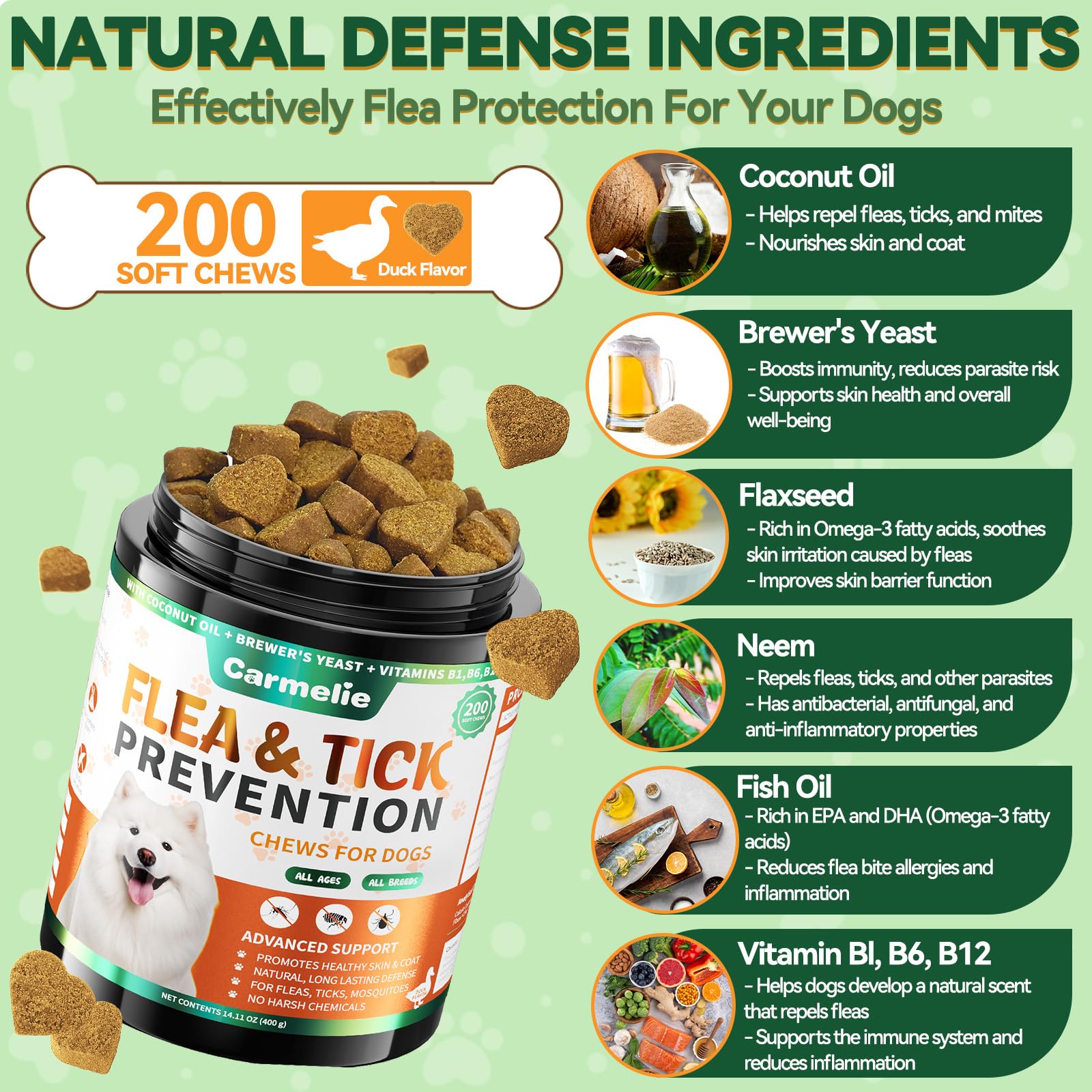 Carmelie Flea and Tick Prevention for Dogs - 200 Soft Chewables Natural Dog Flea and Tick Support - Oral Flea Supplement for All
