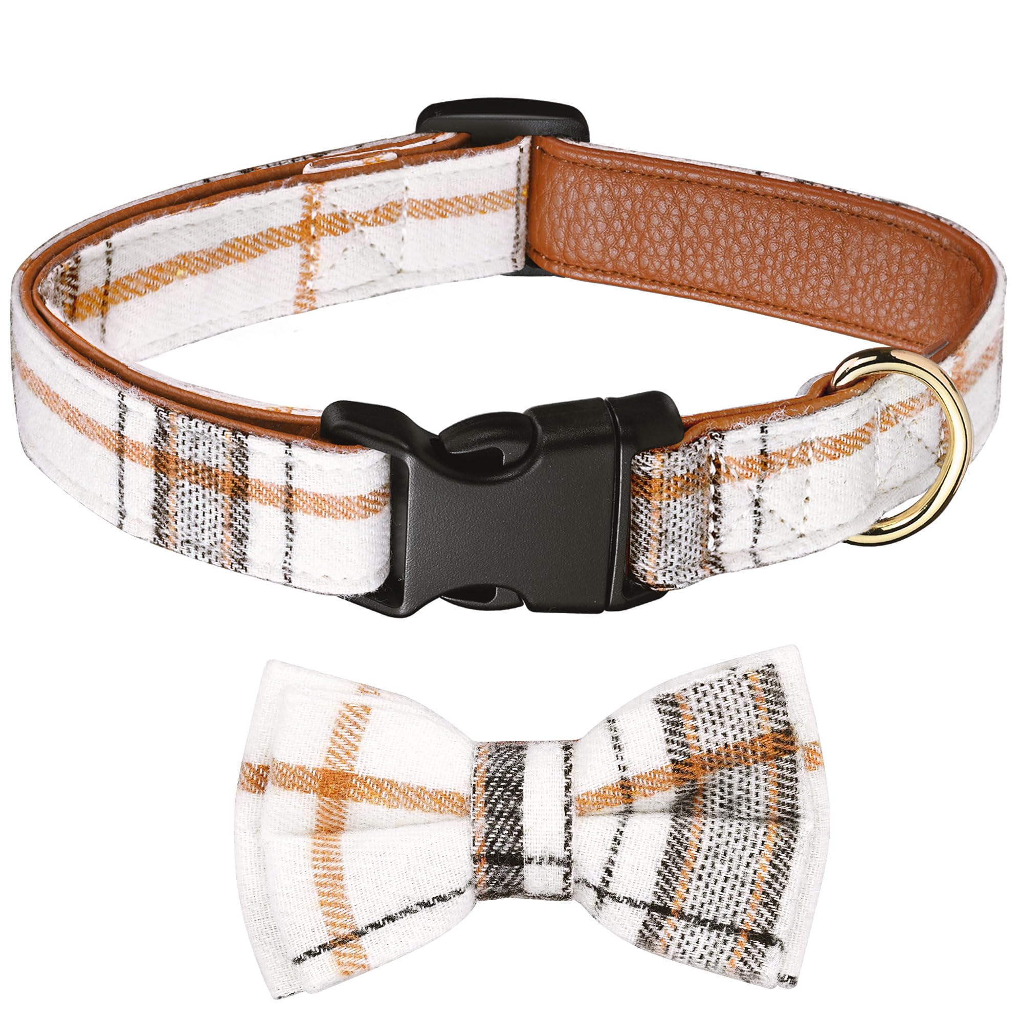 Wipalor Adjustable Dog Collar Girl Boy With Detachable Bowtie, Classic Plaiddog Christmas Collar, Soft Leather Cotton Dog Collar
