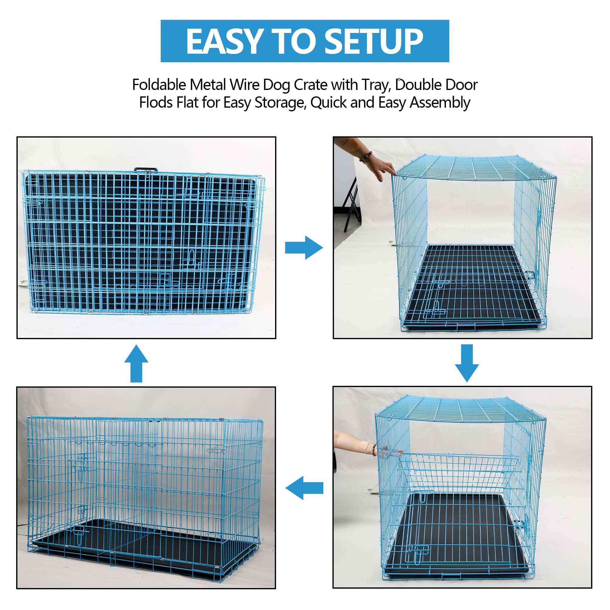 Biqwbic Medium Dog Crate, 30 Inch, Blue, Heavy Duty Steel Wire Folding Dog Cage With Removable Trays, Double-Door, Divider Panel