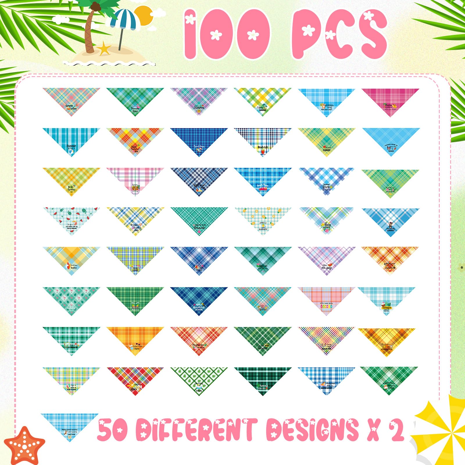 Sweetude 100 Pcs Summer Plaid Dog Bandana Bulk With Sayings Hawaii Bandana Pet Scarf Triangle Bibs Washable Puppy Kerchief Adjus