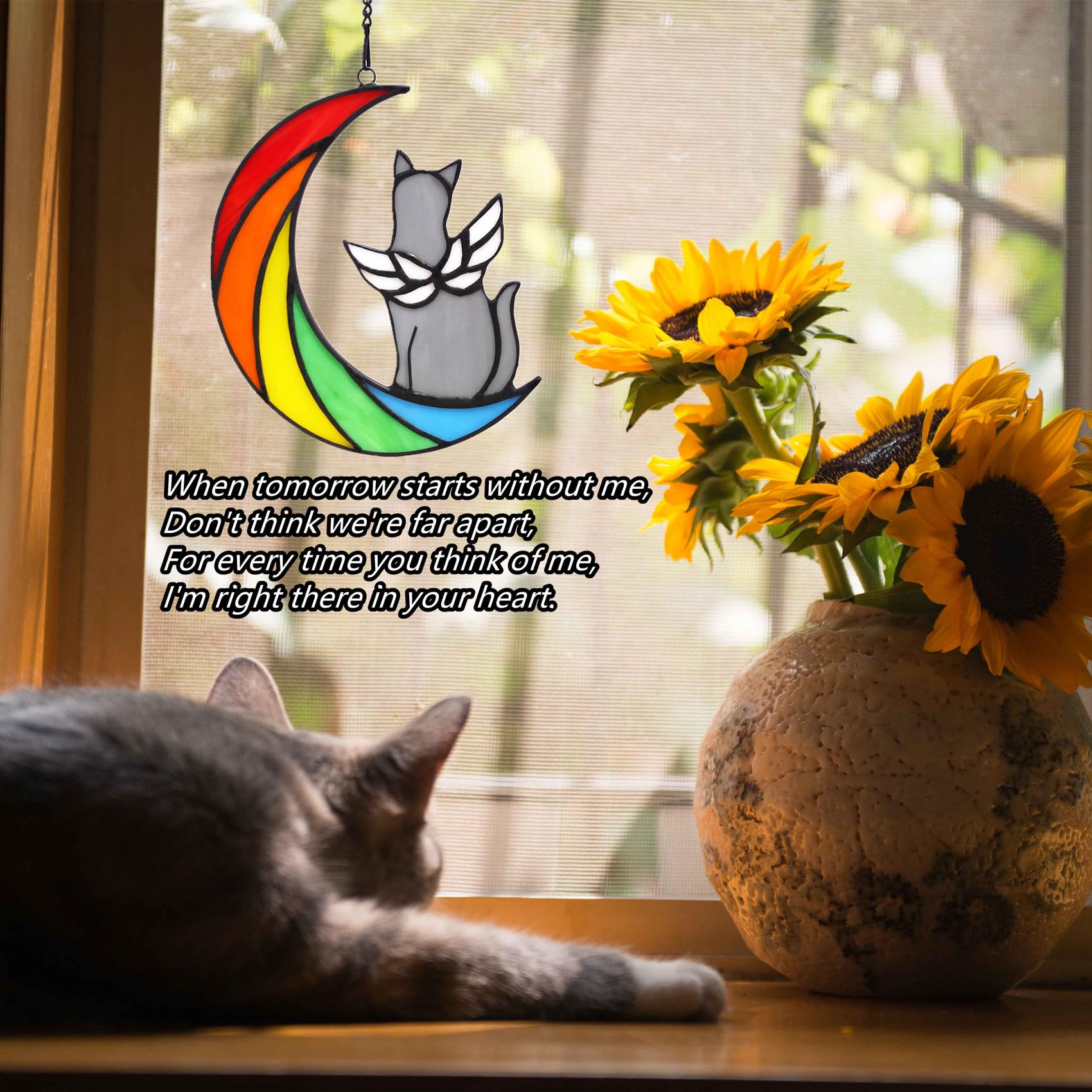 Lcensp Grey Cat Memorial Gifts For Loss Of Cat Sympathy Suncatcher, Rainbow Bridge Pet Memorial Bereavement Gifts, Stained Glass