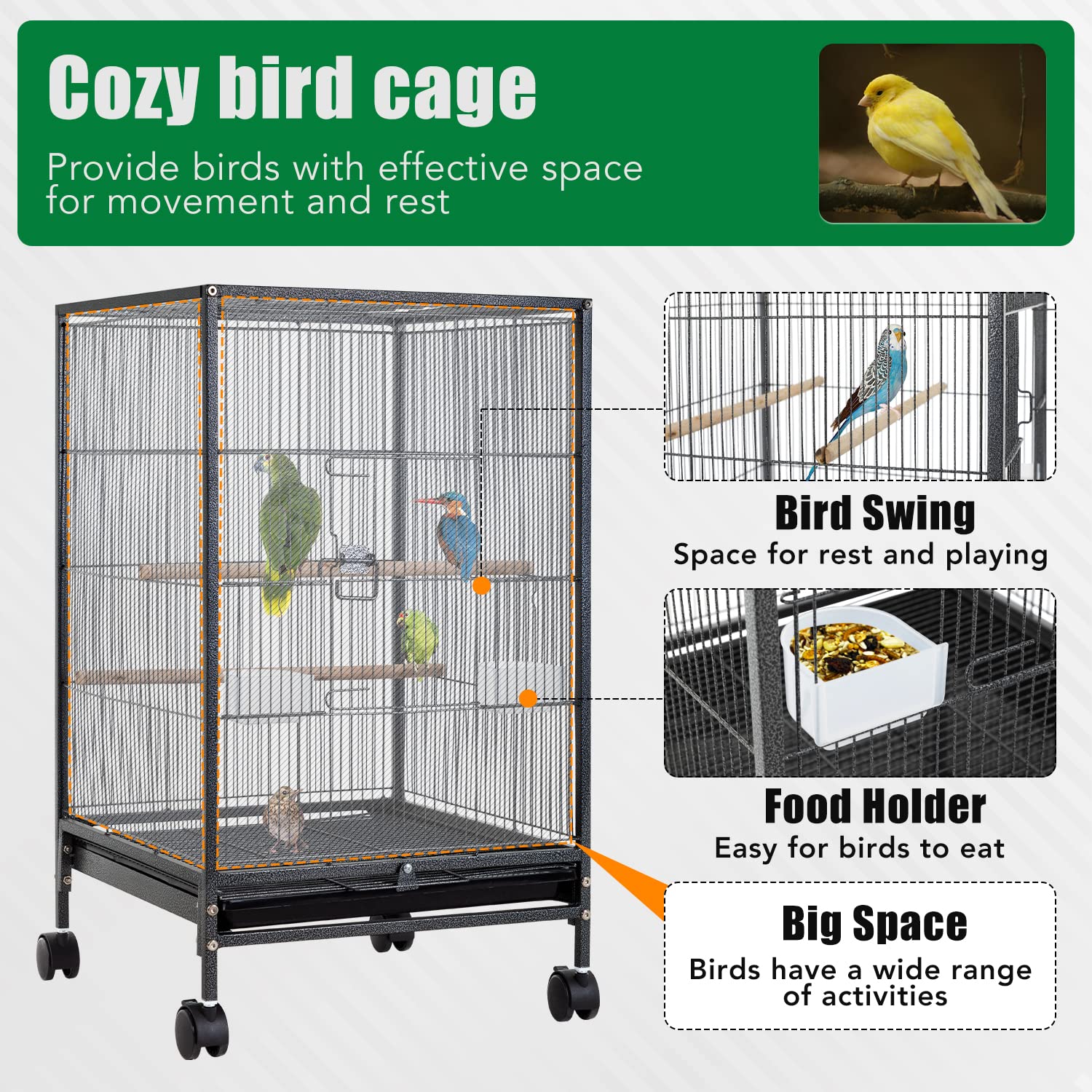 BestPet 35 inch Wrought Iron Bird Cage with Play Open Top and Rolling Stand,Large Parrot Cage Bird Cages for Parakeets,Cockatiel
