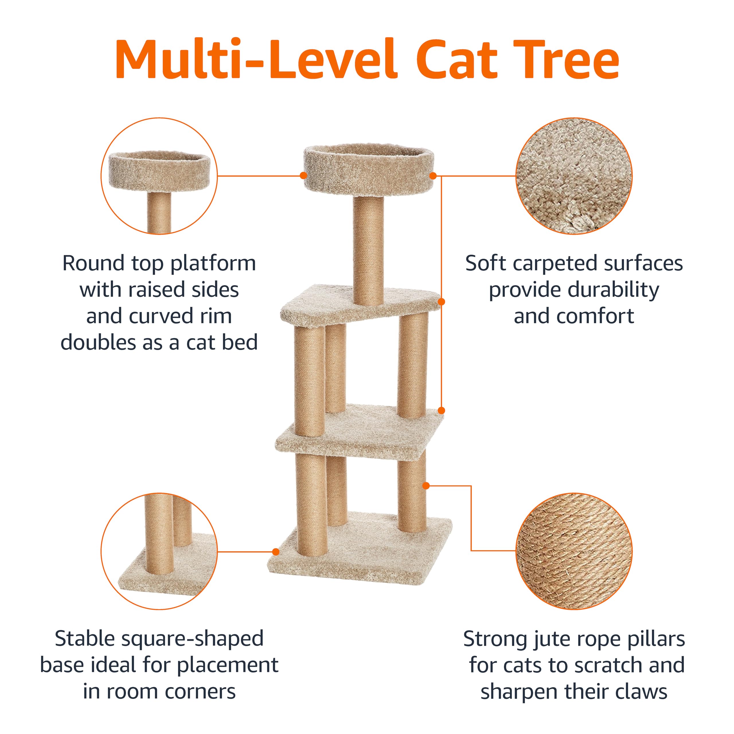 Amazon Basics Cat Tree - Indoor Cat & Kittens Multi-Level Climbing Activity Tower With Scratching Posts, Large (45.9''H) - Beige