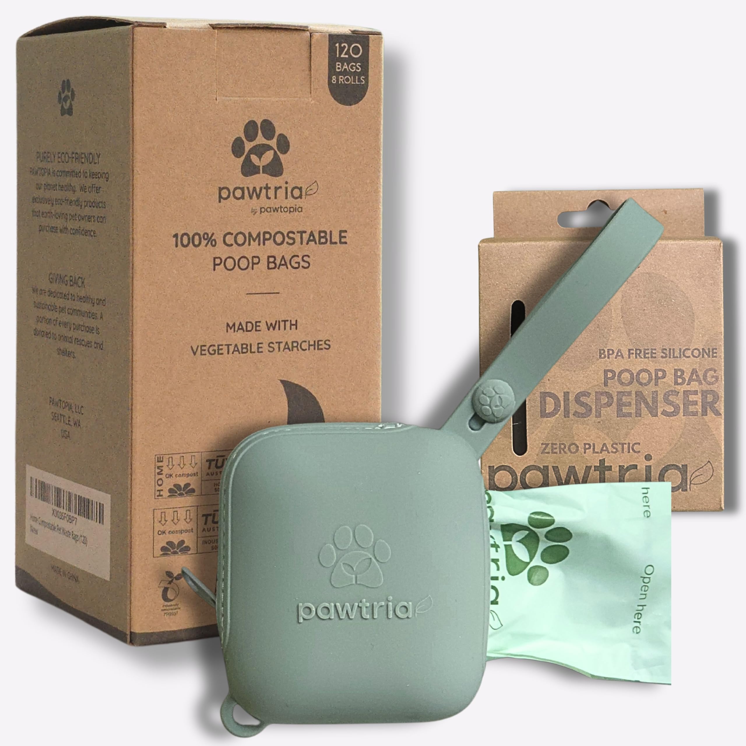 Pawtria Walk Duo Set: Certified Home Compostable Dog Poop Bags (120) + Premium Silicone Dog Poop Bag Dispenser (3.25H X 2.75L), 