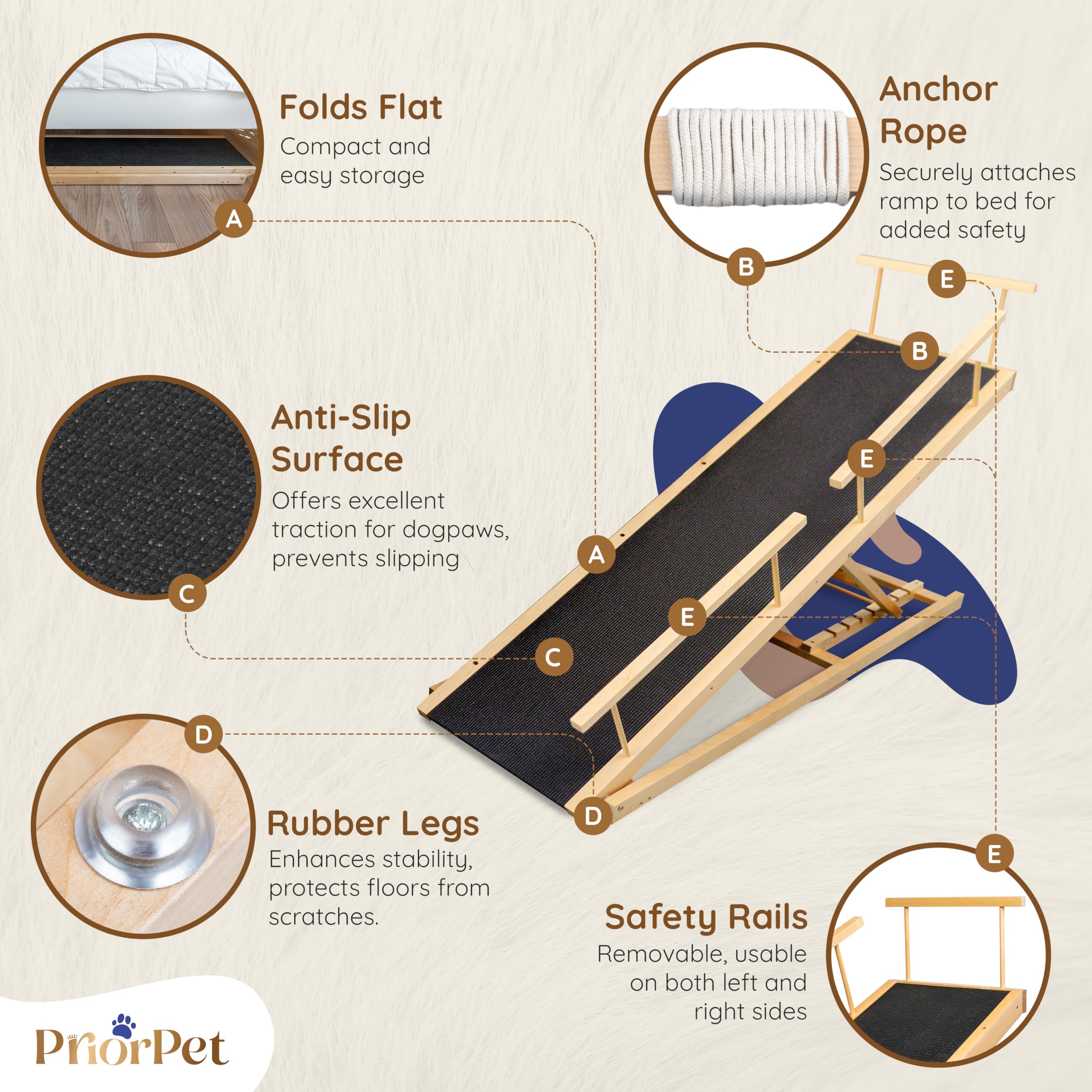 Dog ramp for Bed - PRIORPET Birchwood Adjustable Ramp for Dogs to Get on Bed: Dog ramps for High Beds up to 37 Inches - Foldable
