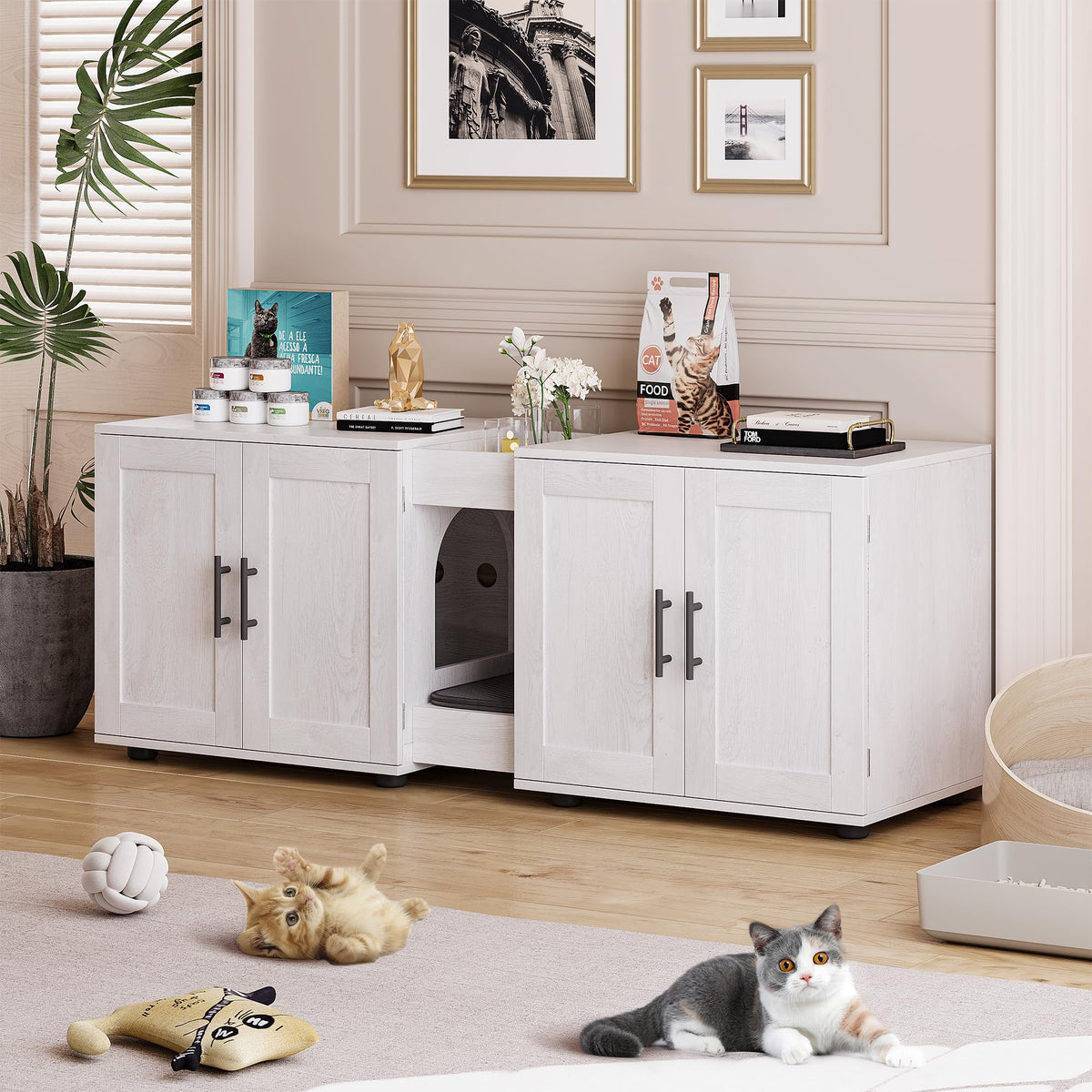 Gaomon Litter Box Enclosure With Double Cage, Cat House,Hidden Litter Box Enclosure Furniture For 2 Cats, Wooden Enclosed Cat Li