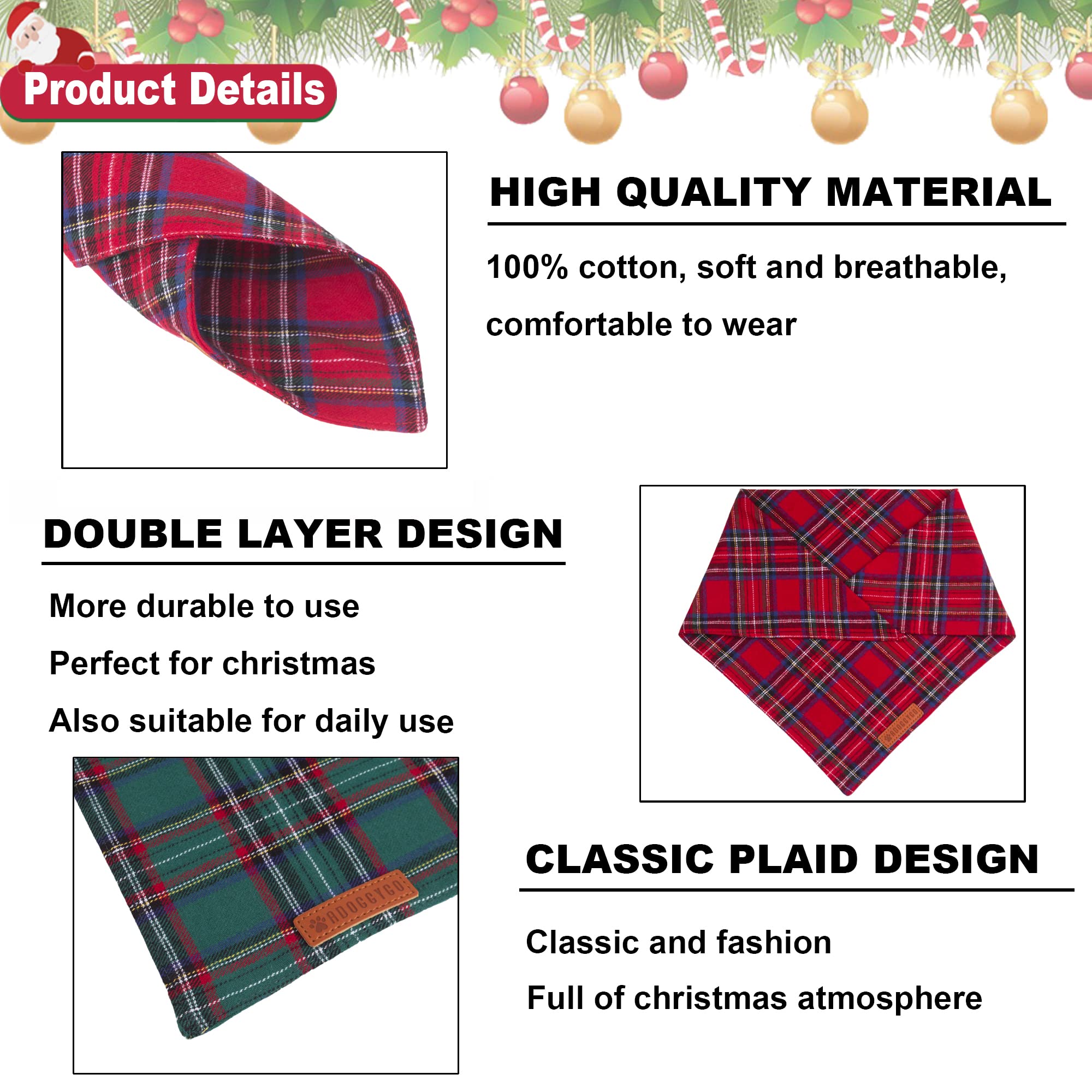 ADOGGYGO Christmas Dog Bandana 2 Pack, Stylish Plaid Pet Scarf, Premium Cotton Fabric, Multiple Sizes Offered, Christmas Bandana