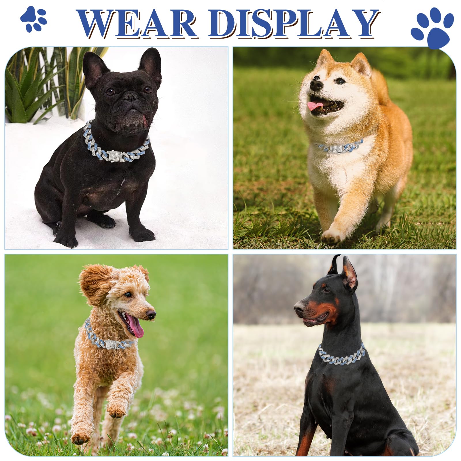 Blue Dog Chain Collar Diamond Link 15Mm Wide Dog Necklace Metal Cat Chains Pet Crystal Collars Jewelry Accessories For Small Med