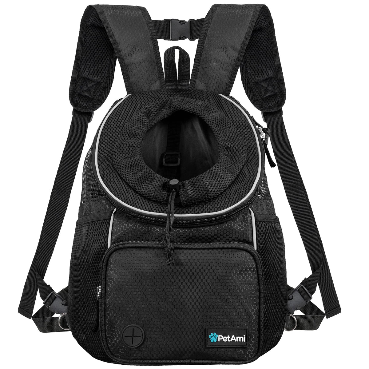 Petami Dog Front Carrier Backpack, Adjustable Dog Pet Cat Chest Carrier Backpack, Ventilated Dog Carrier For Hiking Camping Travel, Small Medium Dog Puppy Large Cat Carrying Bag, Max 15 Lbs, Black