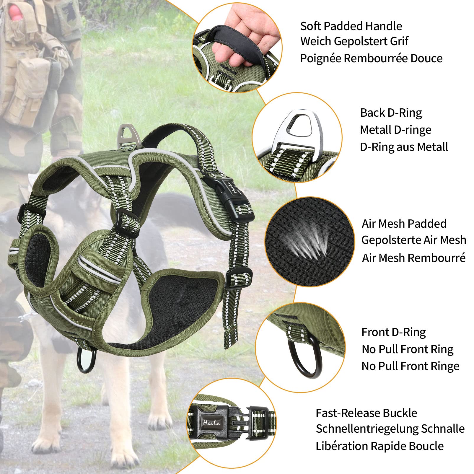HEELE Dog Harness No Pull Adjustable Padded Reflective for Small Medium Large Dogs, XL, Green, Model: Harnais Chien
