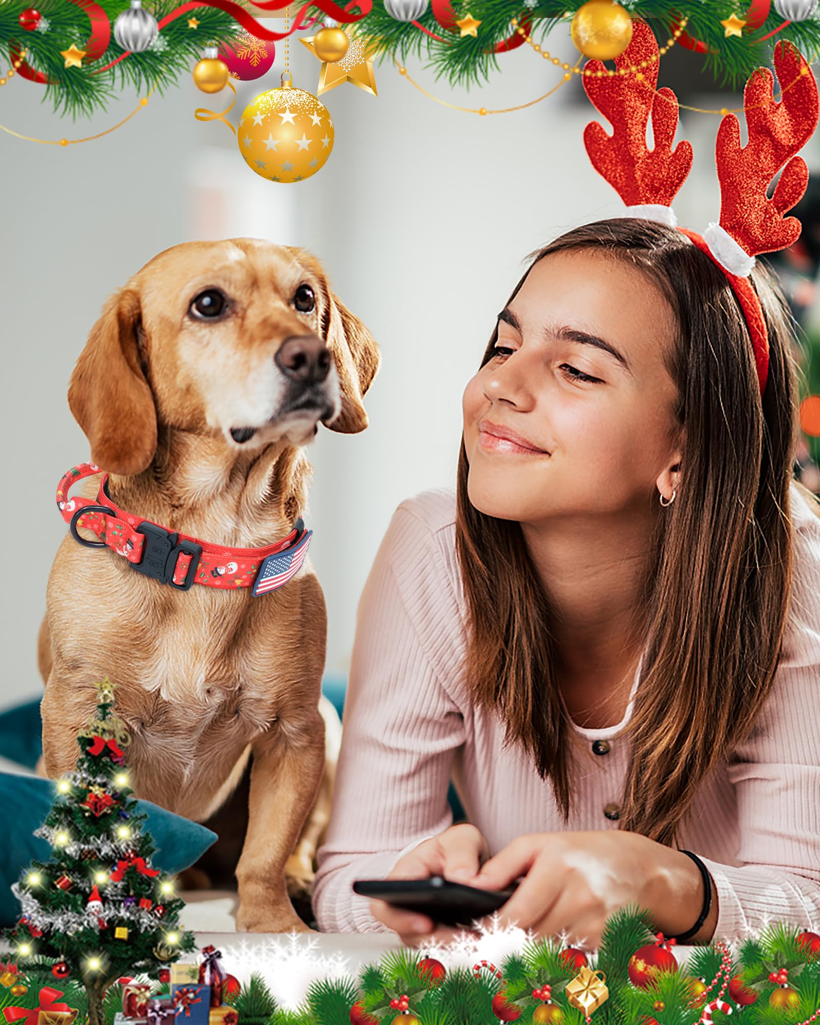Hotsky Christmas Tactical Dog Collar, Adjustable Military Training Xmas Dog Collar With Handle And Have Duty Metal Buckle For Medium Large Dogs, With Airtag Holder And 2 Patches(M, Christmas Red)