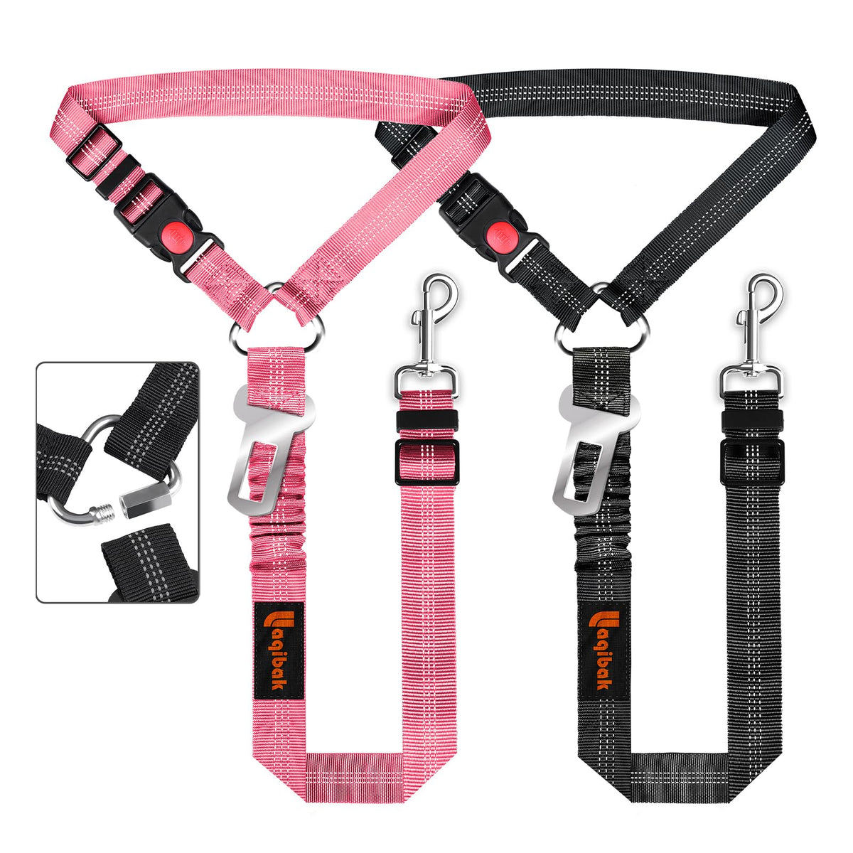 Removable Dog Seat Belt Harness For Car, 3 In 1 Pet Dog Car Seatbelt Leash, Retractable Restraint Secures To Vehicle Headrest & Adjustable Reflective Bungee Dog Seatbelt Tether, Pink And Black