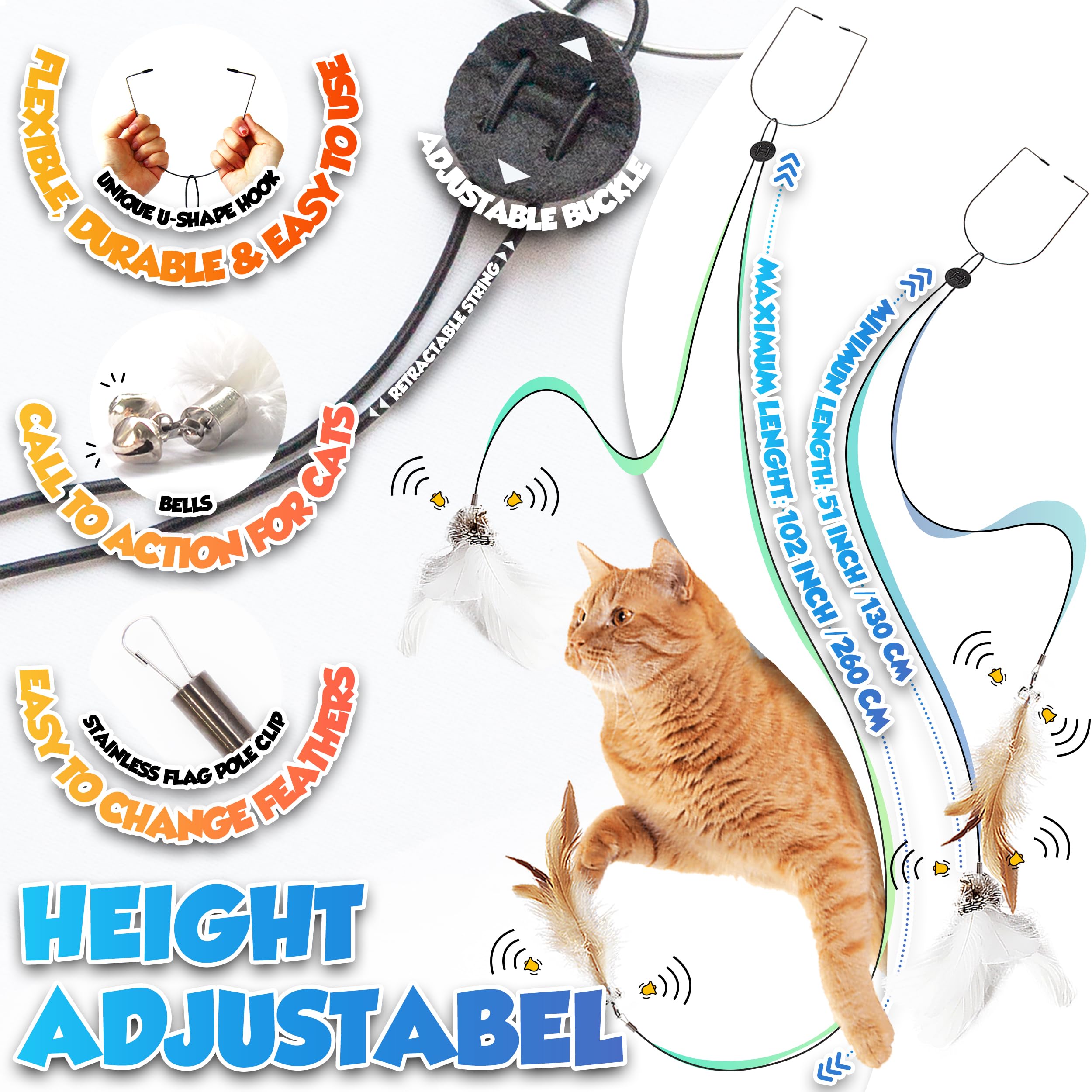 Lekewpet Retractable Cat Feather Toys, 7Pcs Refills With Bell, Interactive Doorway Hanging Teaser Toys For Indoor Cats. Kitten Play Exercise Feather Teaser Toys.