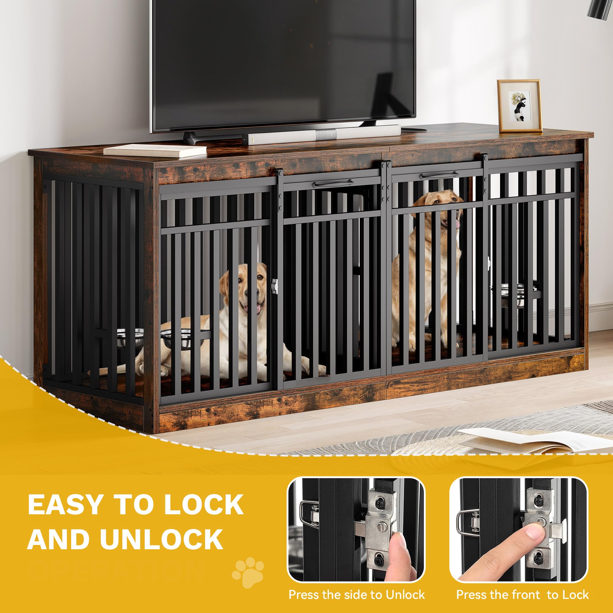 DWVO Double Dog Crate Furniture for 2 Medium Dogs, Heavy Duty Engineered Wood, Rustic Brown, 70.9"L x 23.6"W x 31.5"H, Model