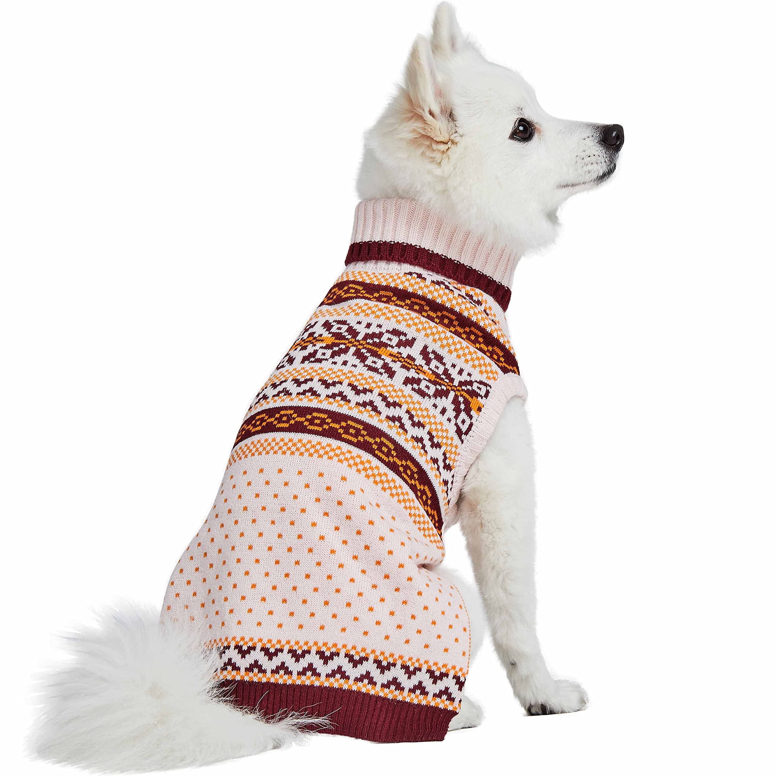 Blueberry Pet Artisan Chic Turtleneck Fair Isle Fall Winter Pullover Dog Sweater In Beige, Back Length 12', Warm Clothes For Small Dogs