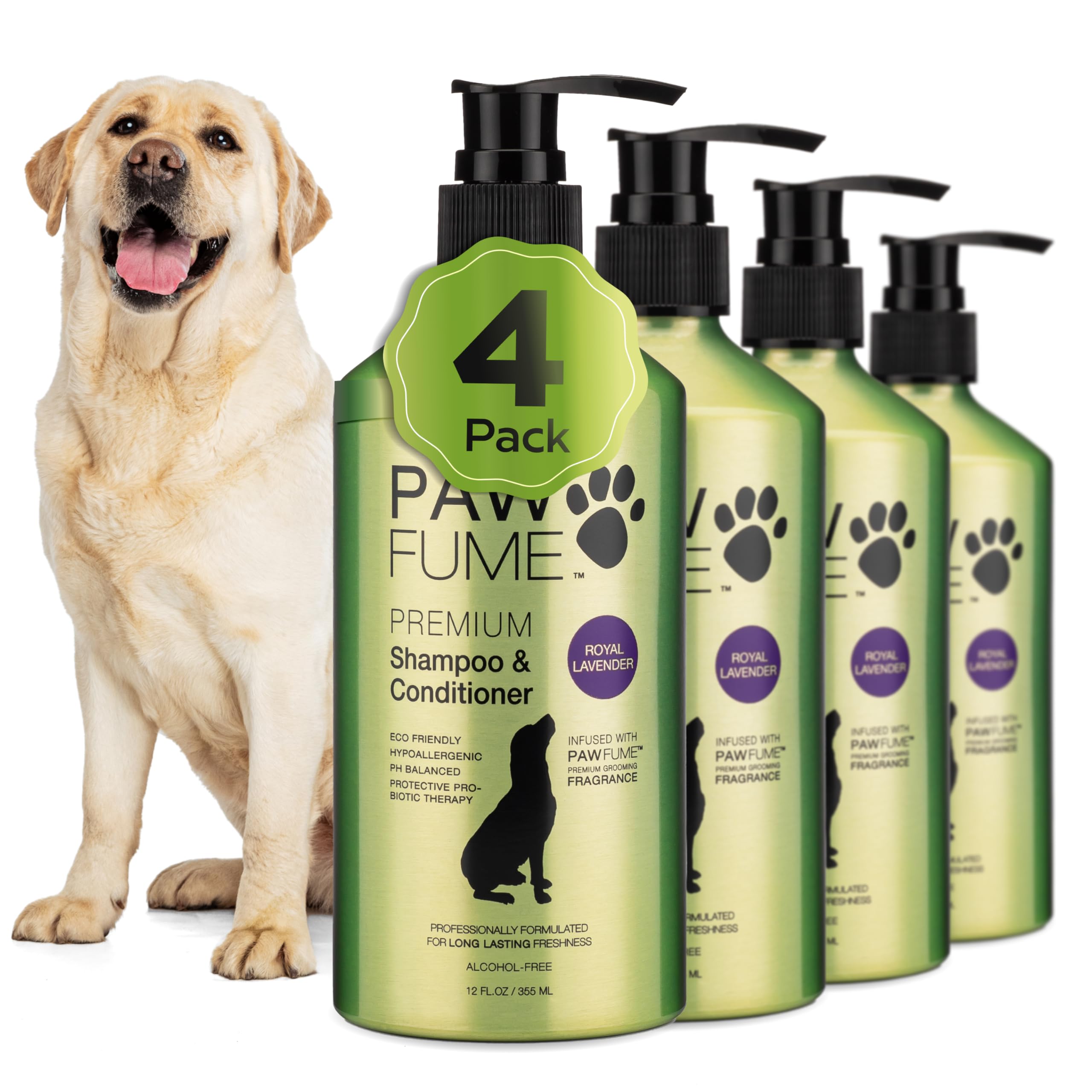 PAWFUME Dog Shedding Shampoo and Conditioner, Royal Lavender, 4-Pack - Nourish & Detangle for Silky Soft Coat - Probiotic, Deep-