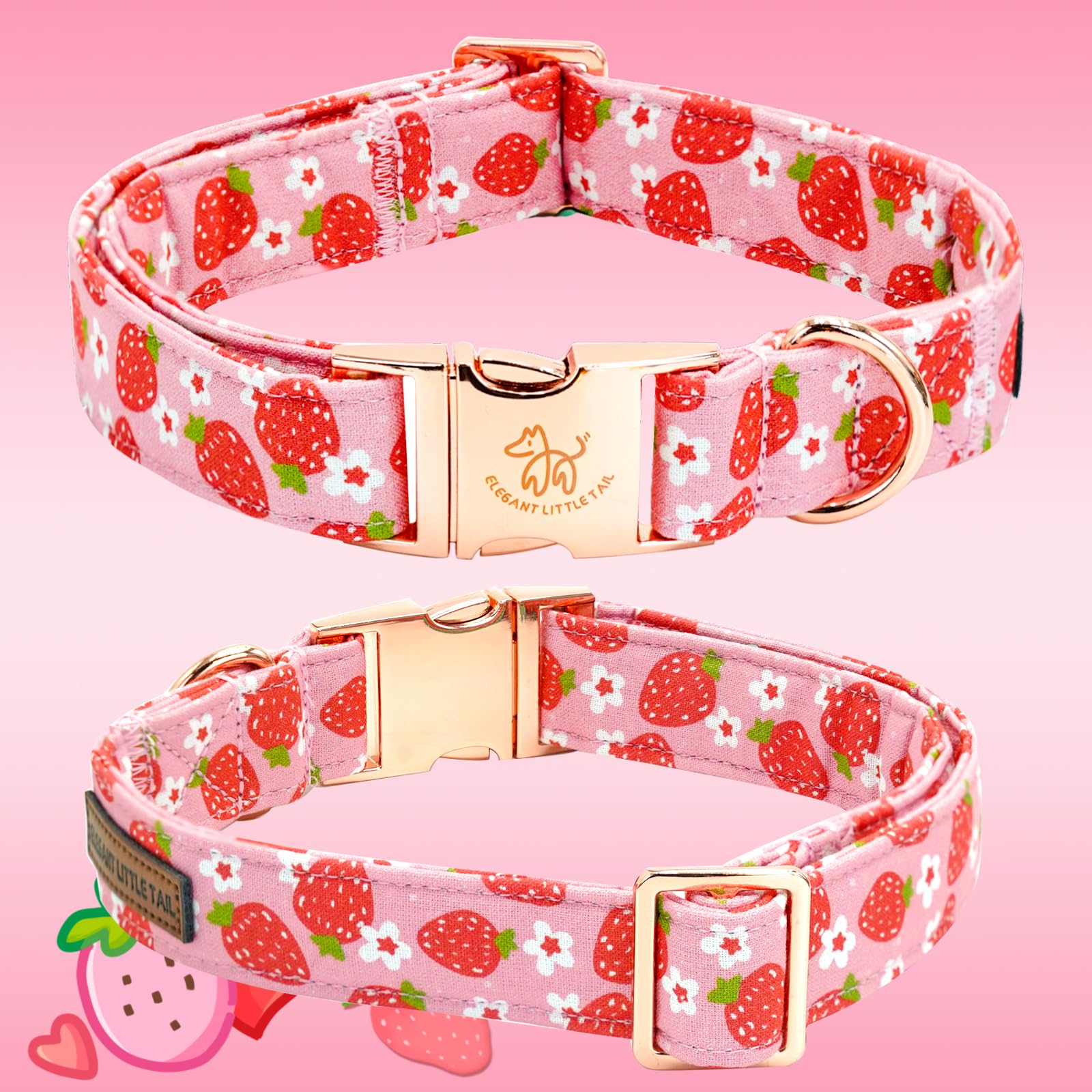 Elegant Little Tail Spring Dog Collar, Flower Strawberry Print Cotton Soft Female Dog Collar, Adjustable, 16-26 Inches, Pink, Un
