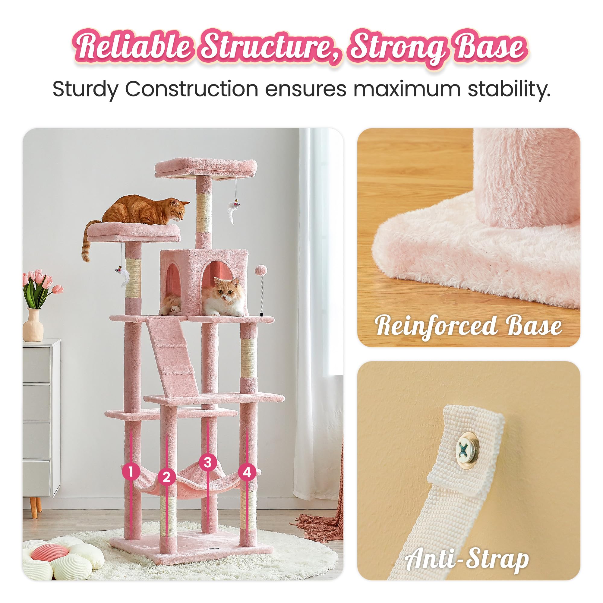 Mwpo 70.1-Inch Pink Large Cat Tree, Multi-Level Tall Cat Tower For Indoor Cats, Plush Cat Condo With Big Padded Perches, Sisal-Covered Scratching Posts, Hammock, Toys For Kittens & Cats