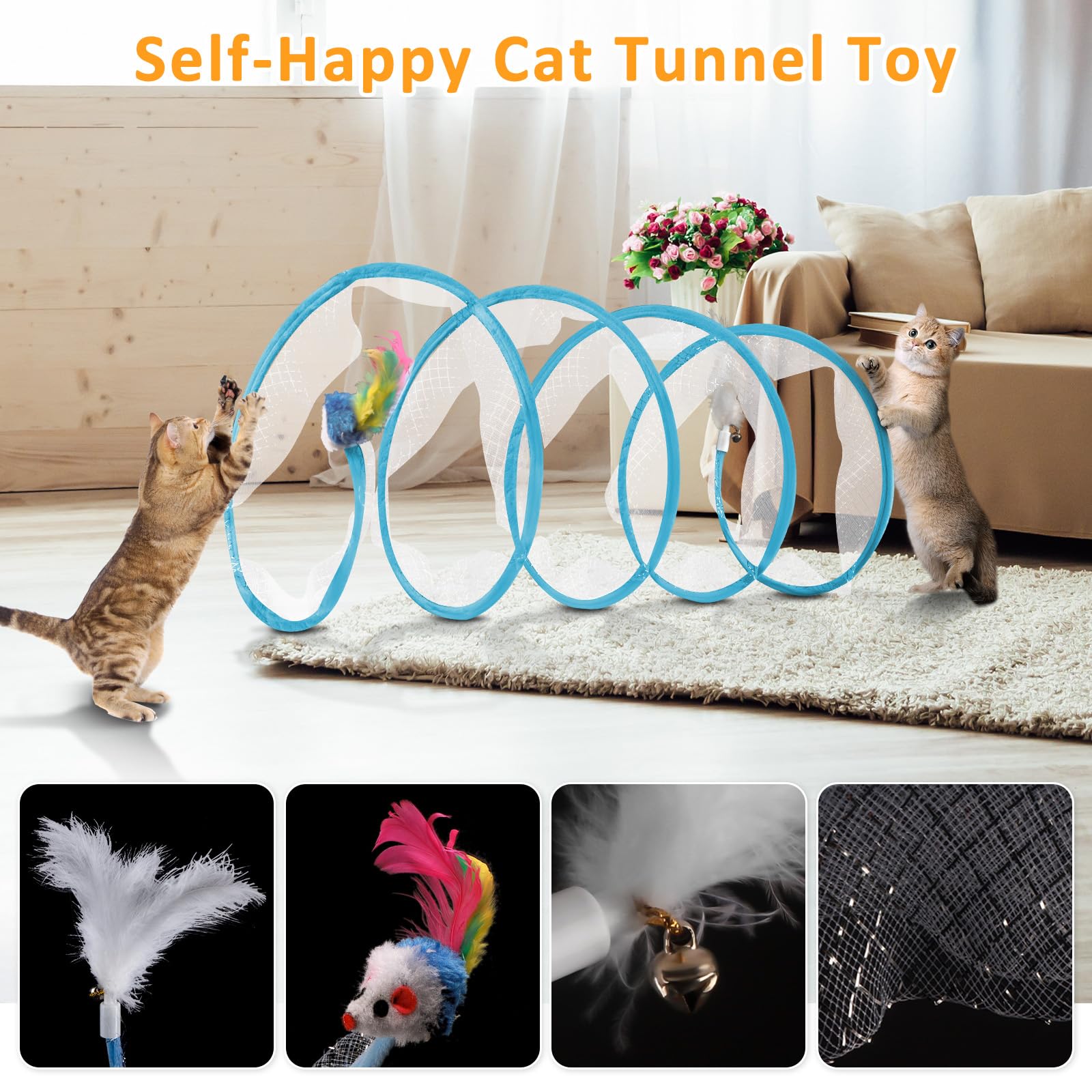Eggsun 2-Piece Spiral Cat Tubes For Indoor Cats, Large Collapsible Tunnel With Feather Mouse Interactive Toy (Yellow + Blue)