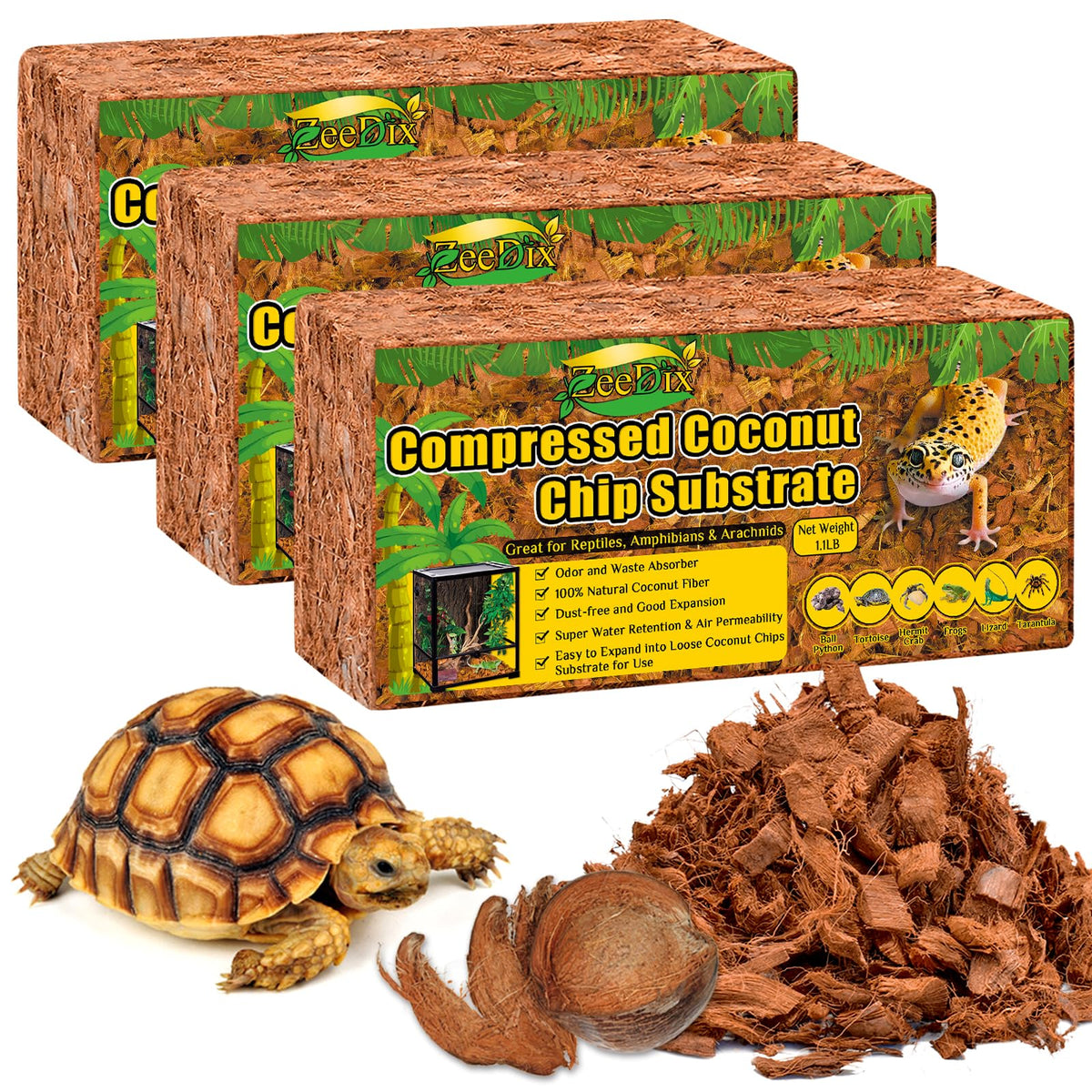 Zeedix 3Pcs Natural Coconut Chips Substrate For Reptiles, Coconut Fiber Husk Reptiles Bedding, Compressed Coco Chips Substrate F