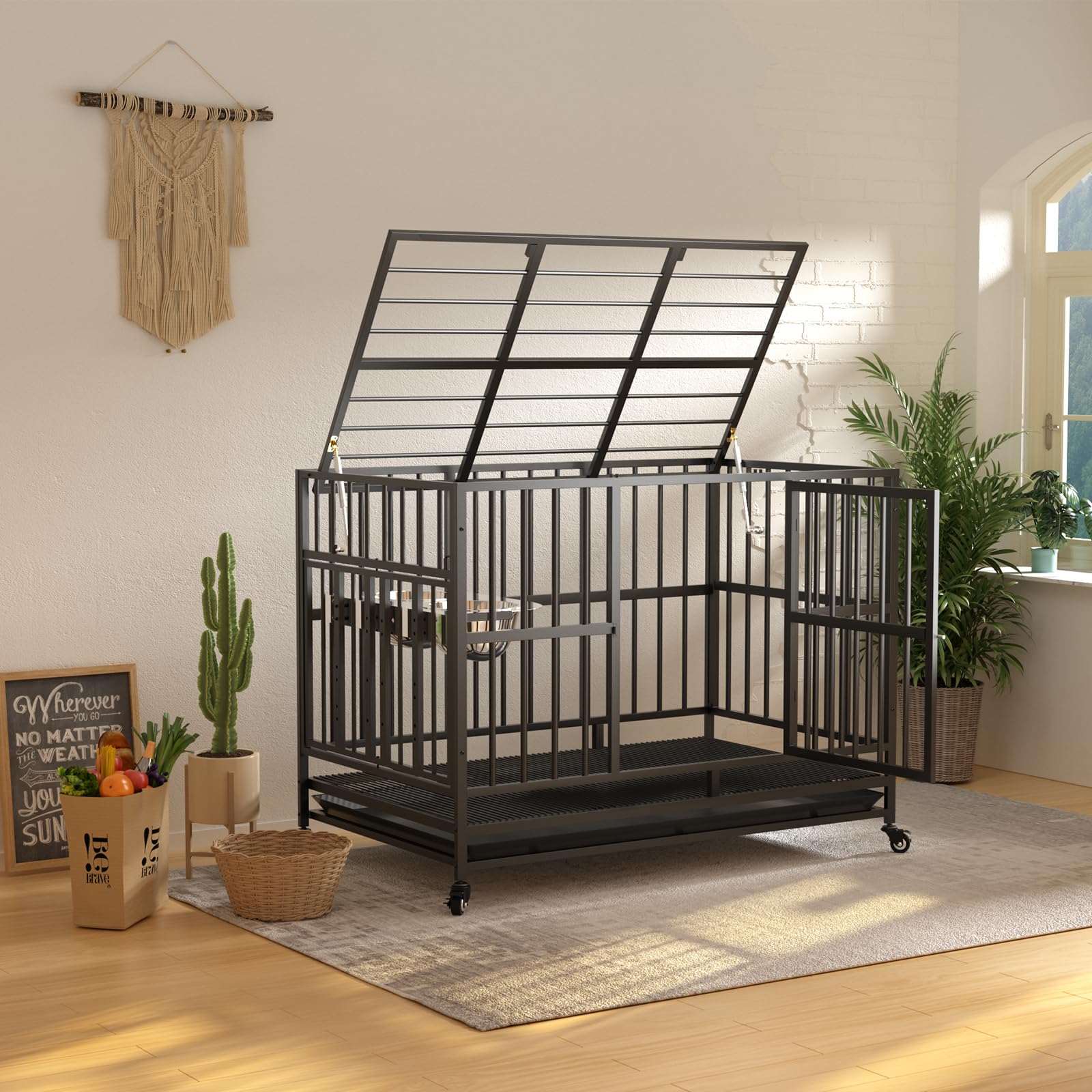 LOVMOR 43" Heavy Duty Dog Crate, Alloy Steel, Black, Adjustable Bowls, Model nvl00258