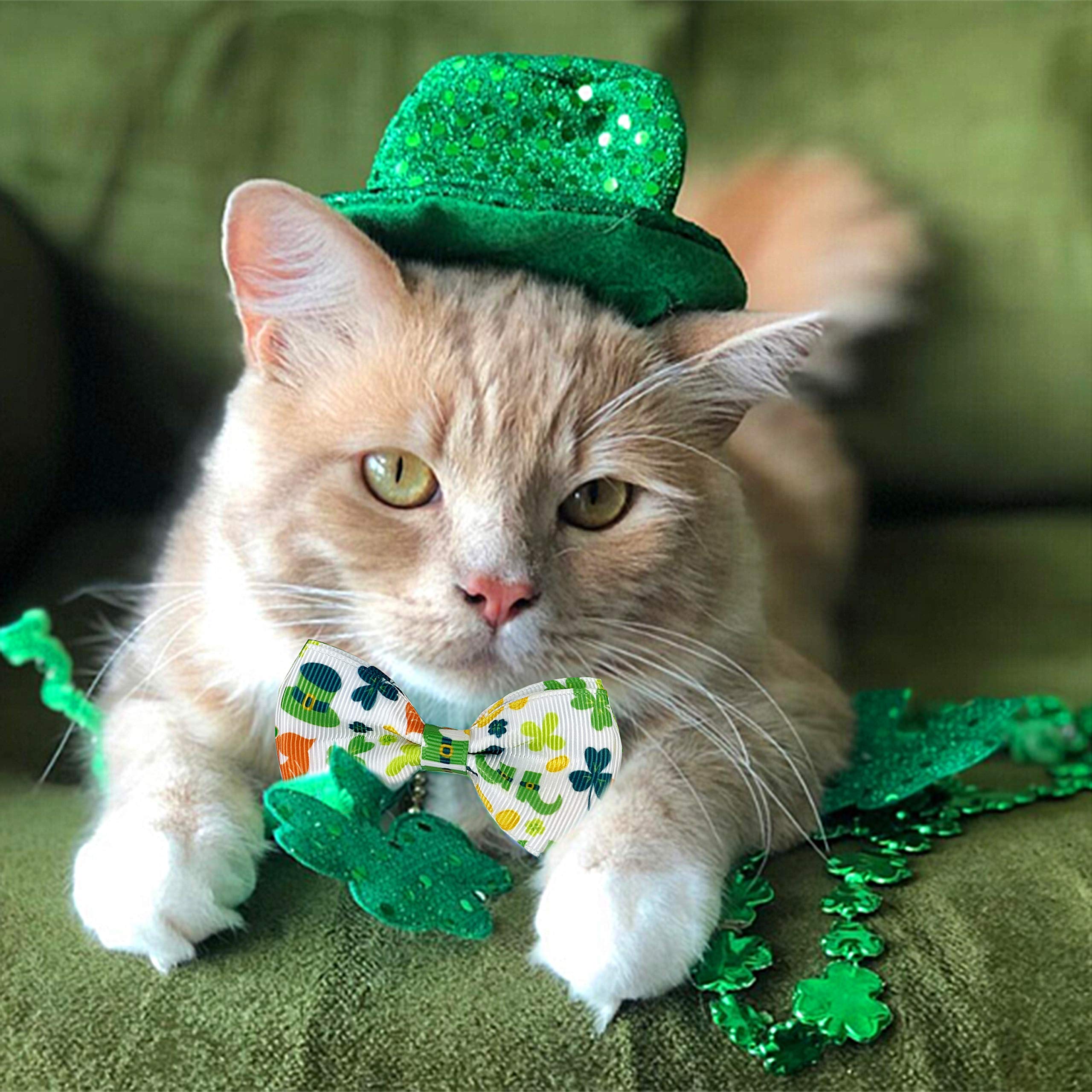 St. Patrick'S Cat Collar With Bow Tie And Bell, Kitty Kitten Breakaway Lucky Irish Shamrock Collar For Girls And Boys Male Femal