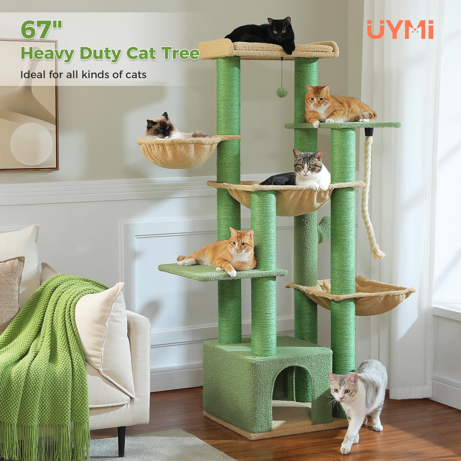 Uymi 67'' Cactus Heavy-Duty Cat Tree For Indoor Cats Large Adult, Xxl Cat Tower With 13 Thick Scratching Posts (F4.3), Large Per