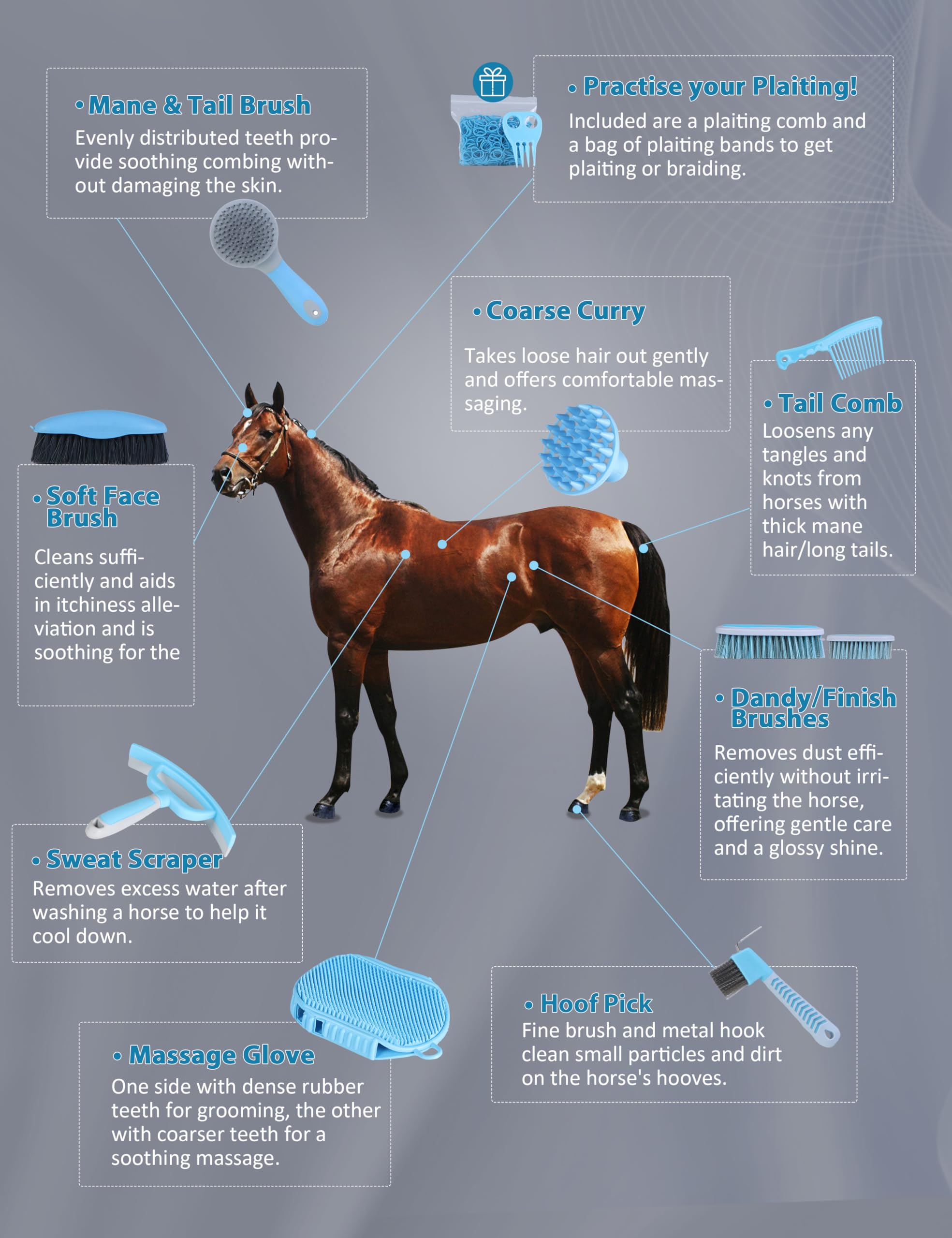 Harrison Howard Horse Grooming Kit 9-Piece Equine Care Series Horse Brush Sets With Organizer Tote Bag Soft Blue