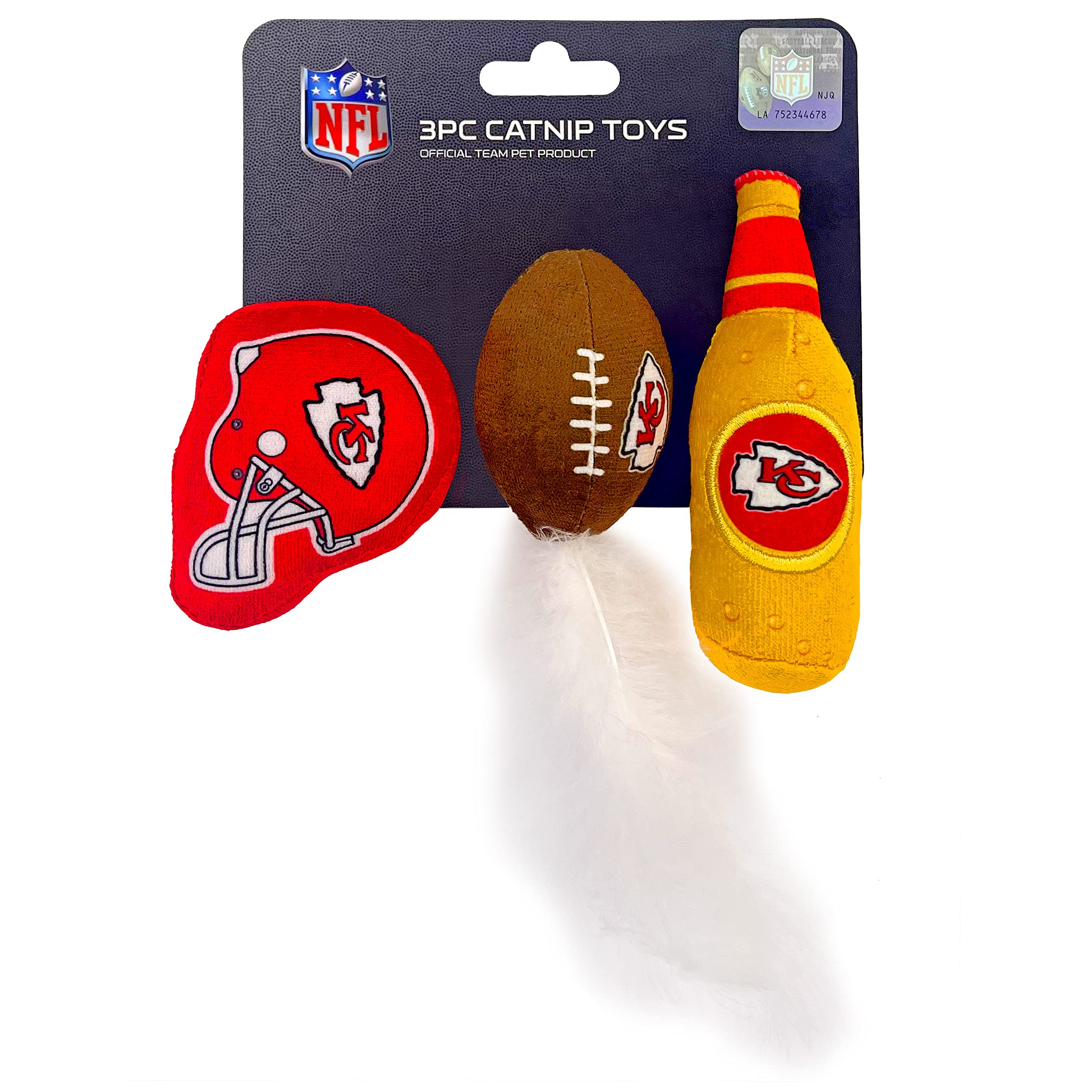 BEST PLUSH CAT TOY - NFL KANSAS CITY CHIEFS Complete Set of 3 piece Cat Toys filled with Fresh Catnip. Incld: 1 Helmet Cat Toy, 
