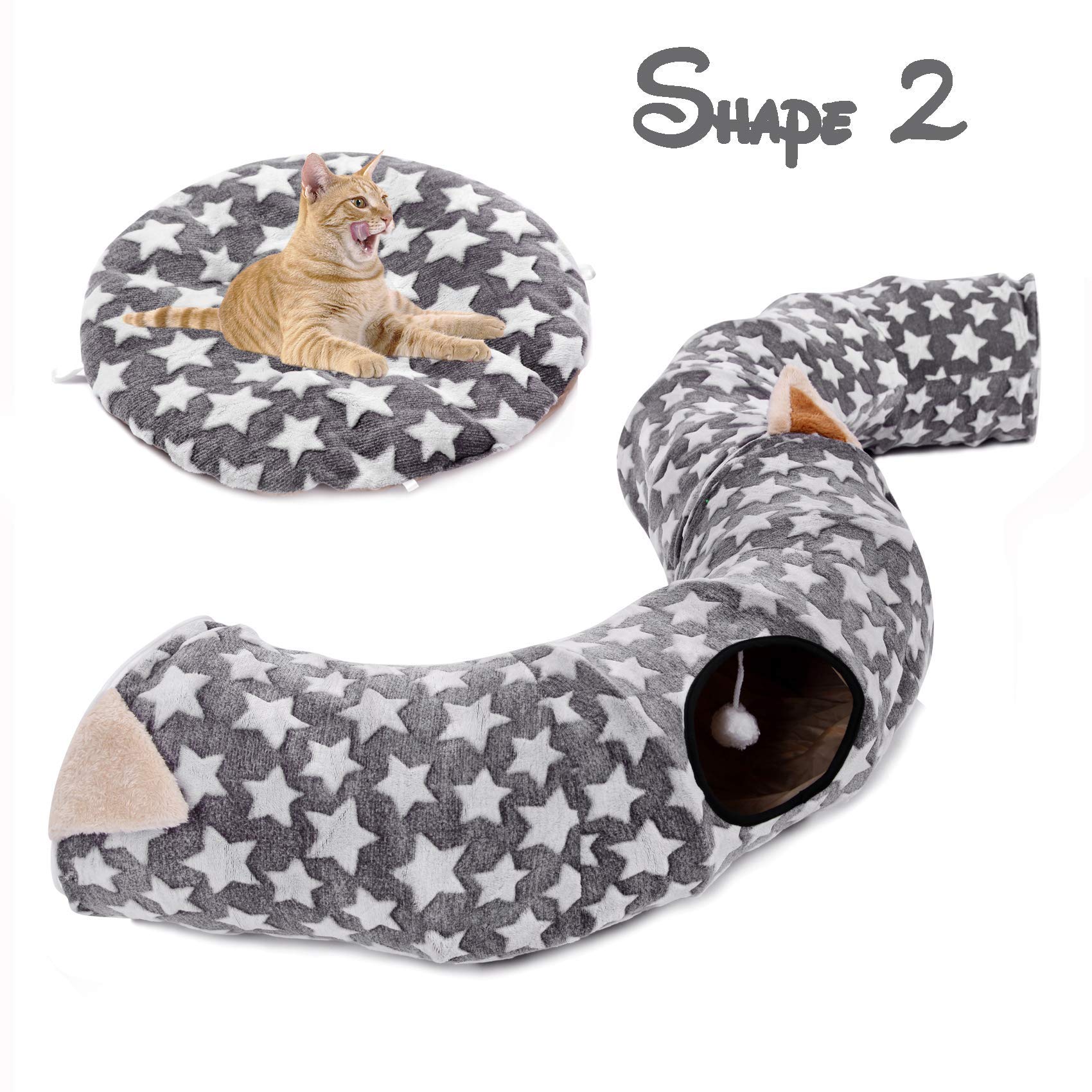 Luckitty Large Cat Tunnel Bed With Plush Cover,Fluffy Toy Balls, Small Cushion And Flexible Design- 10 Inch Diameter, 3 Ft Length- Great For Cats, And Small Dogs, Gray Star Pattern