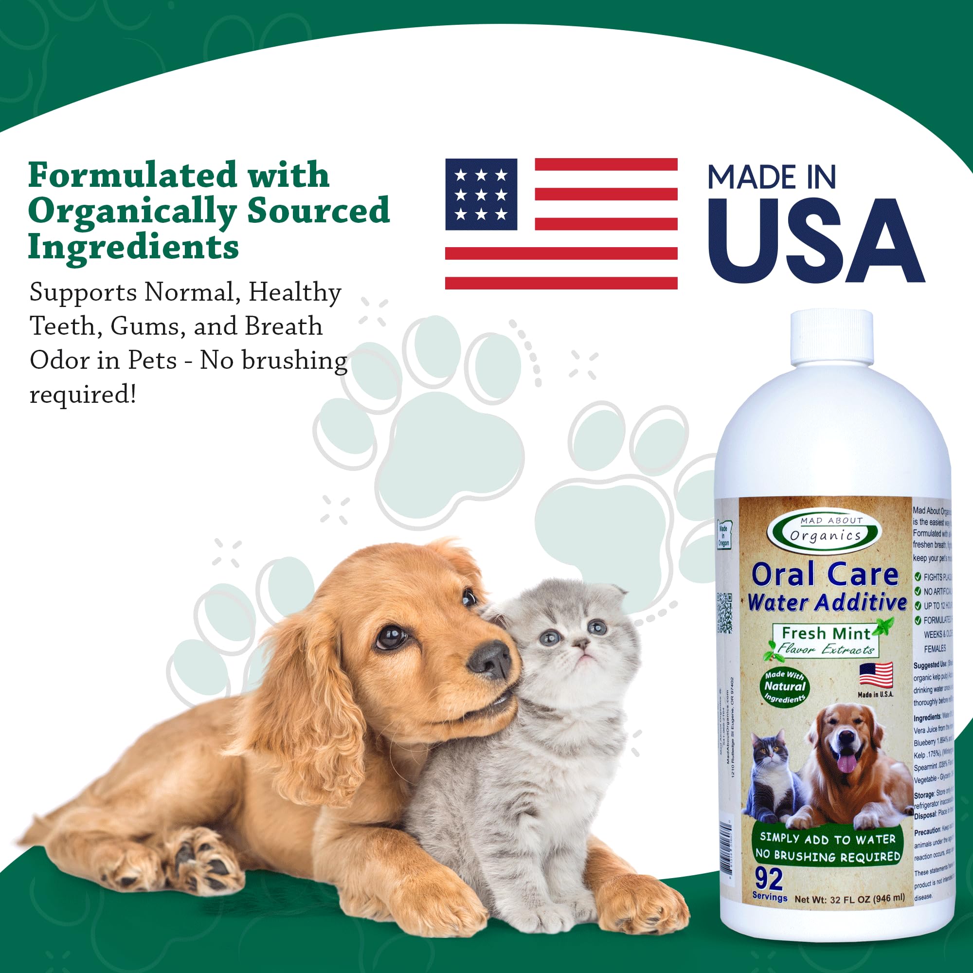 Mad About Organics Oral Care Water Additive for Cats & Dogs, Fresh Mint Flavor, 32 FL OZ, Gentle Dental Support
