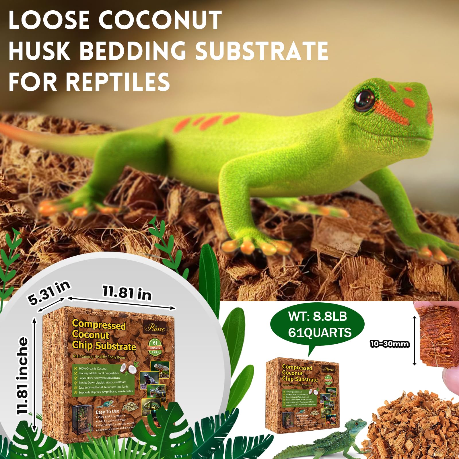Riare 8.8Lb Coconut Chip Substrate For Reptiles, 60 Quart Coconut Fiber Substrate Coco Chips Substrate Coconut Husk Bedding For