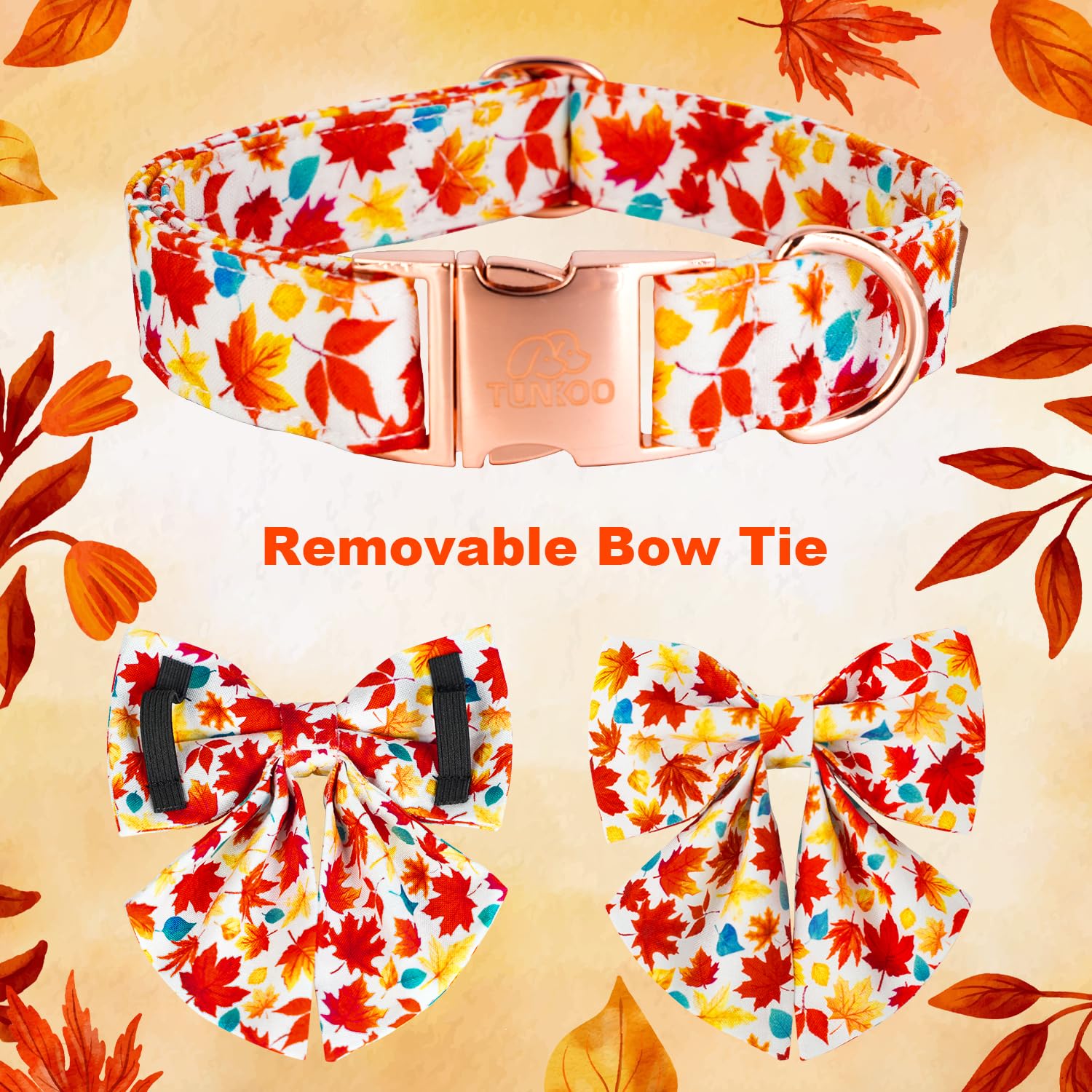 Tunkoo Autumn Fall Dog Collar With Elegant Bow Tie - Durable, Adjustable And Stylish Red Pet Collar, Available In Small Medium L