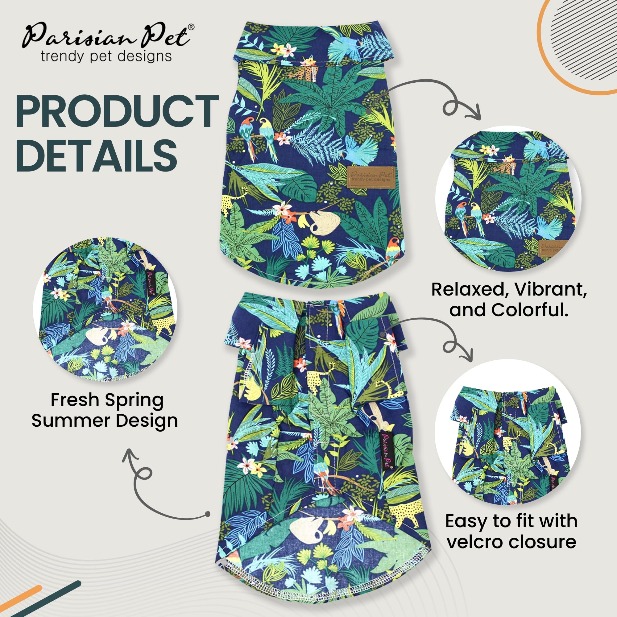 Parisian Pet Unisex Amazonia Shirt - Leafy Beach Outfit - Cotton Summer Clothes - Stylish Hook And Loop Dog Costume - Machine Wa