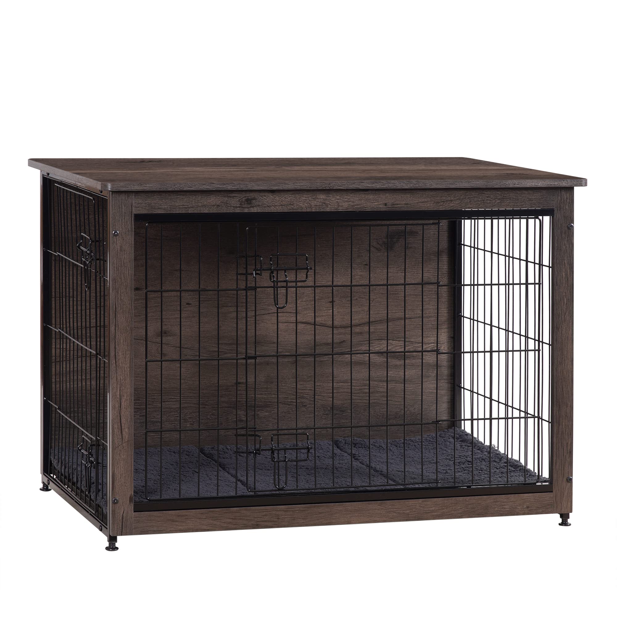 DWANTON Dog Crate Furniture with Cushion, Wooden Kennel Table with Double Doors, Indoor Dog House, Large Size, 38.5 L, Dark Gray