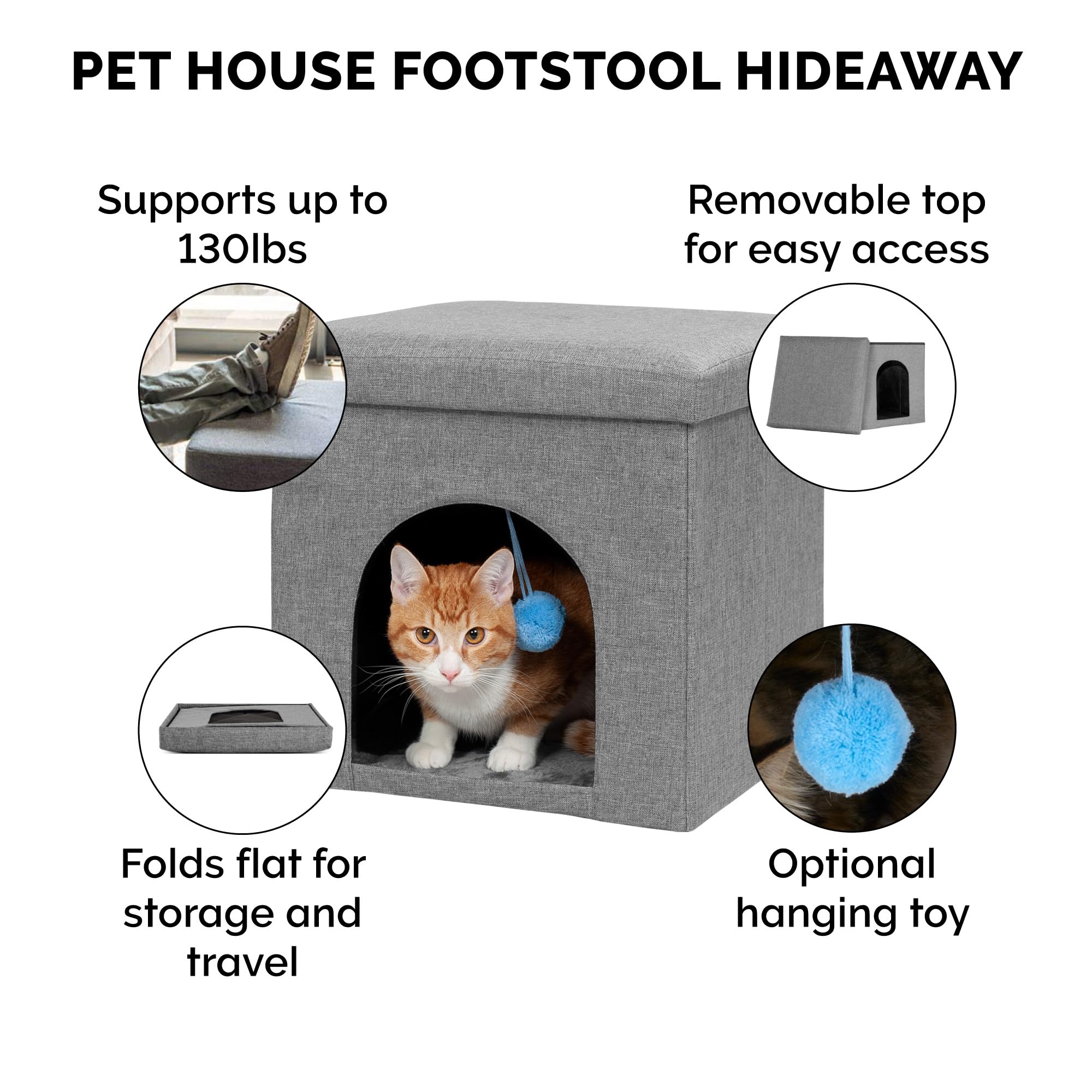 Furhaven Pet House for Indoor Cats & Small Dogs, Collapsible & Foldable w/ Plush Ball Toy - Living Room Footstool Cat Condo - St