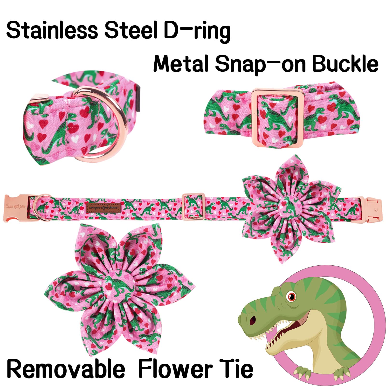 Unique Style Paws Dog Collar With Flower Tie Pink Dinosaur & Heart Puppy Collar Suitable For Small Medium Large Dogs With Adjustable Safety Metal Buckle For Valentine'S Day-Xl