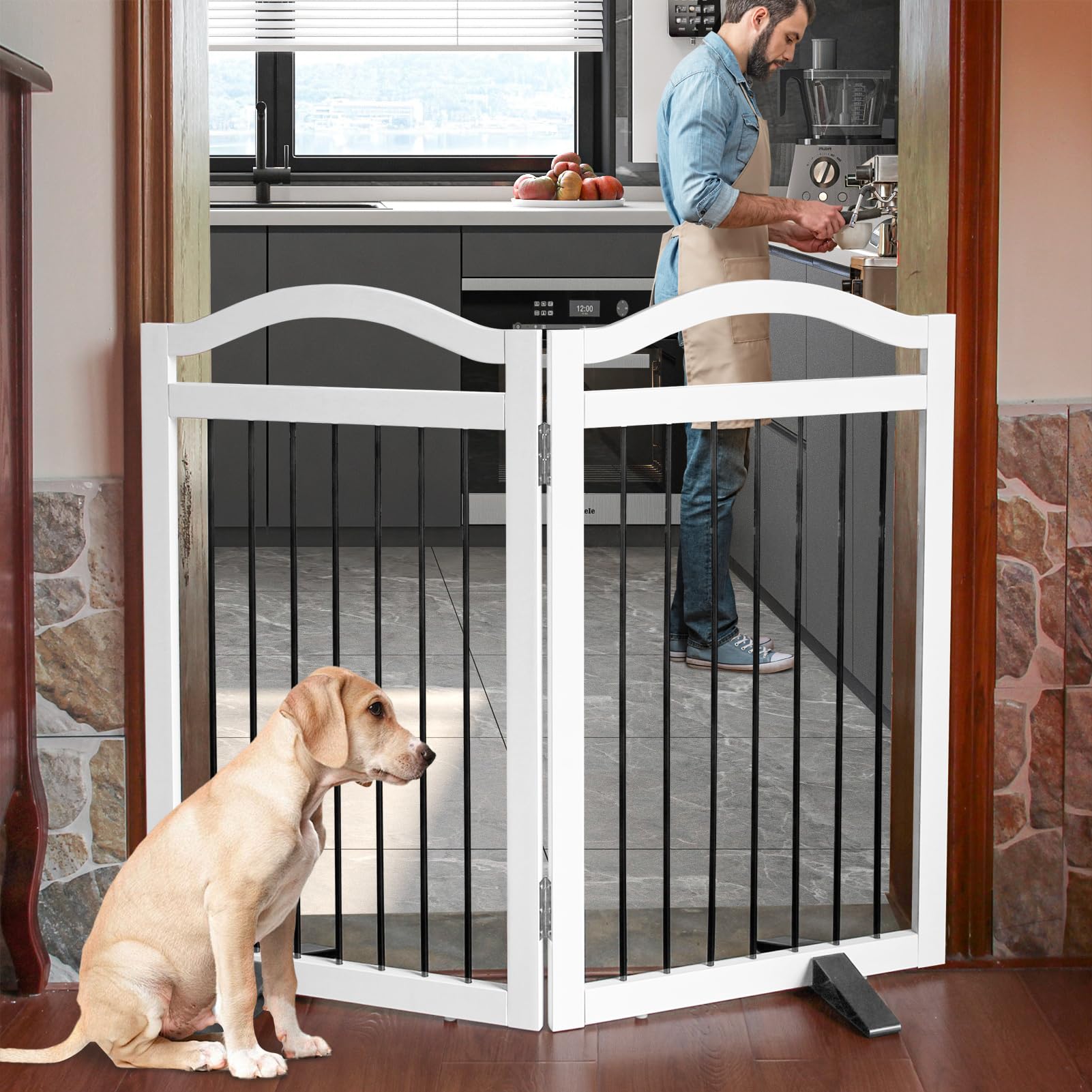 SFJC Foldable Freestanding Indoor Dog Gate for Doorways Wooden White Pet Gate for The House Dog Fence with Support Feet Included
