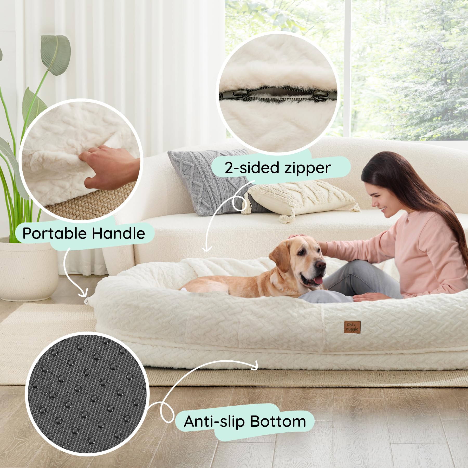 ChiXnuggle Human Dog Bed for Adult - Luxury Faux Fur Giant Size Dog Bed with Portable Handle, Egg Orthopedic Foam Bed with Blank