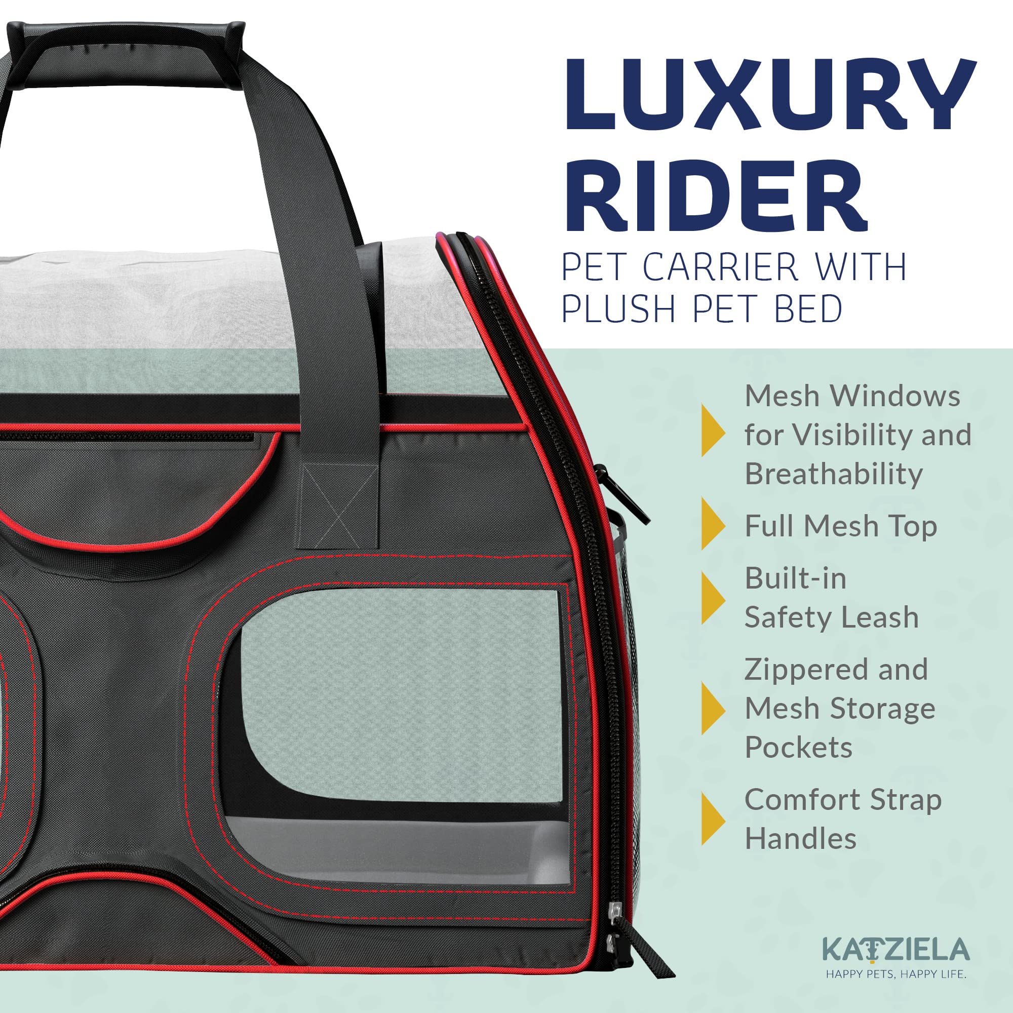 Katziela Pet Carrier - Airline Compliant - Tsa Approved Pet Carrier For Small Dogs And Cats - Soft Faa Travel Airplane Dog Carrier Luggage (Black/Red)