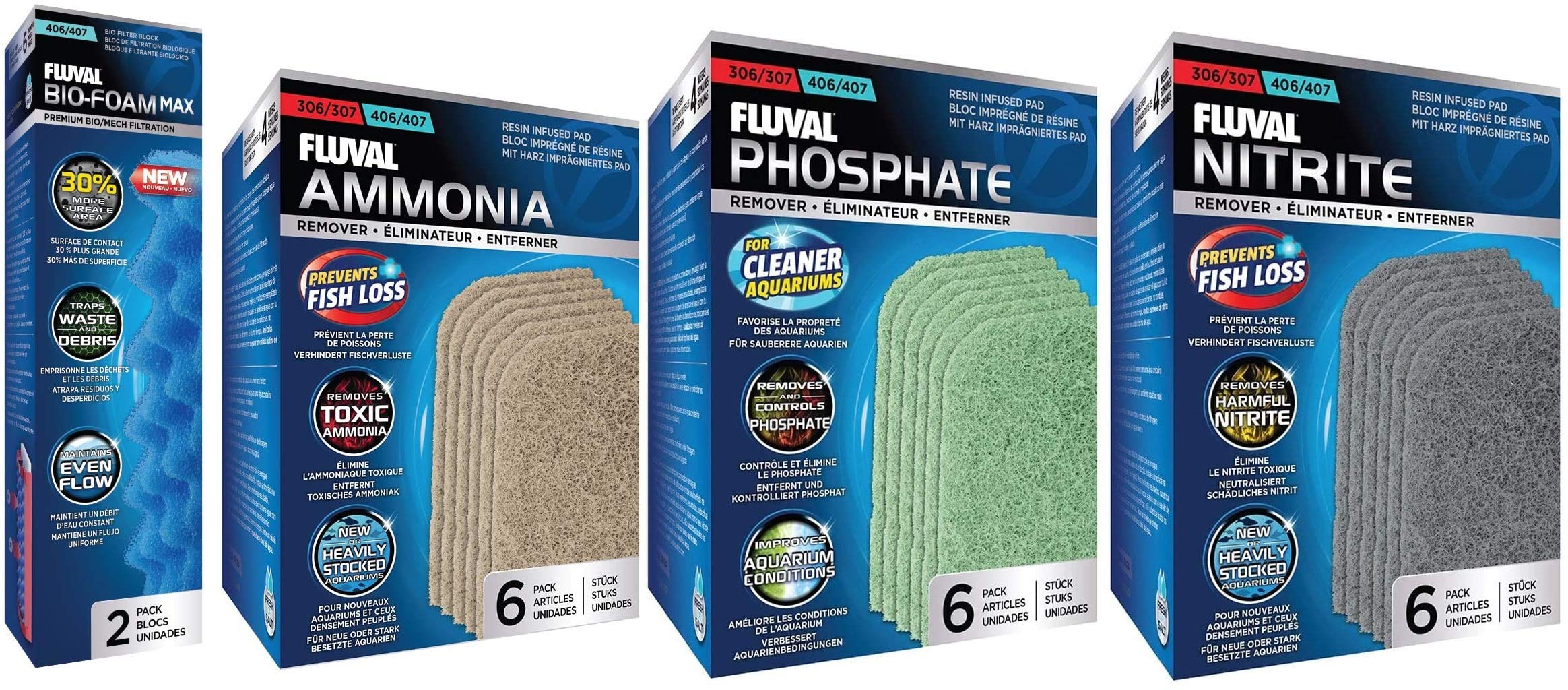 Fluval Bundle Of 4 Replacement Medias For 407 Aquarium Filters: Bio-Foam, Ammonia Remover, Phosphate Remover, Nitrite Remover